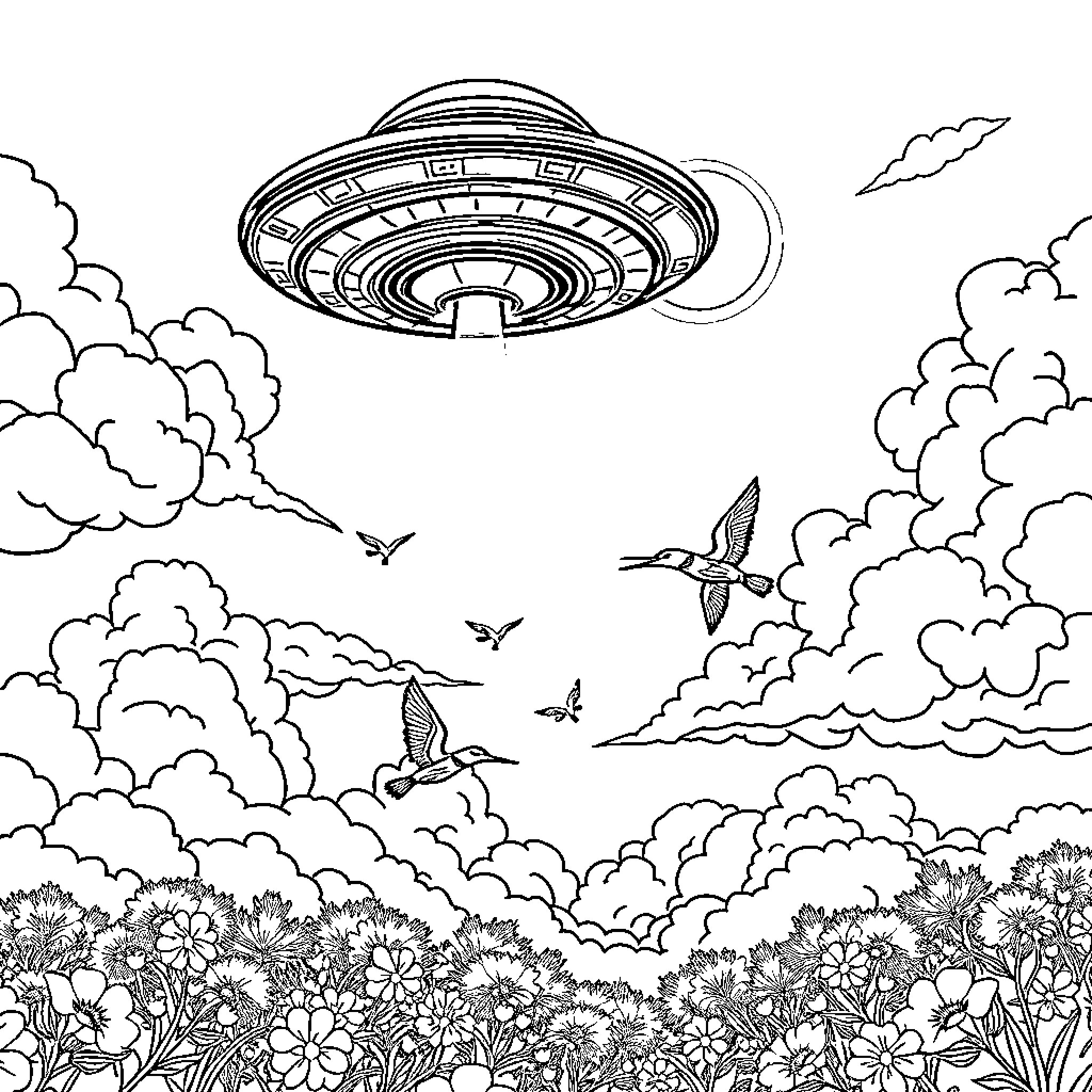 UFO hovering over a field of flowers and birds Coloring Page (free black-and-white line drawing printable PDF for all, from beginners to advanced learners, including children, teens, adults, and seniors)