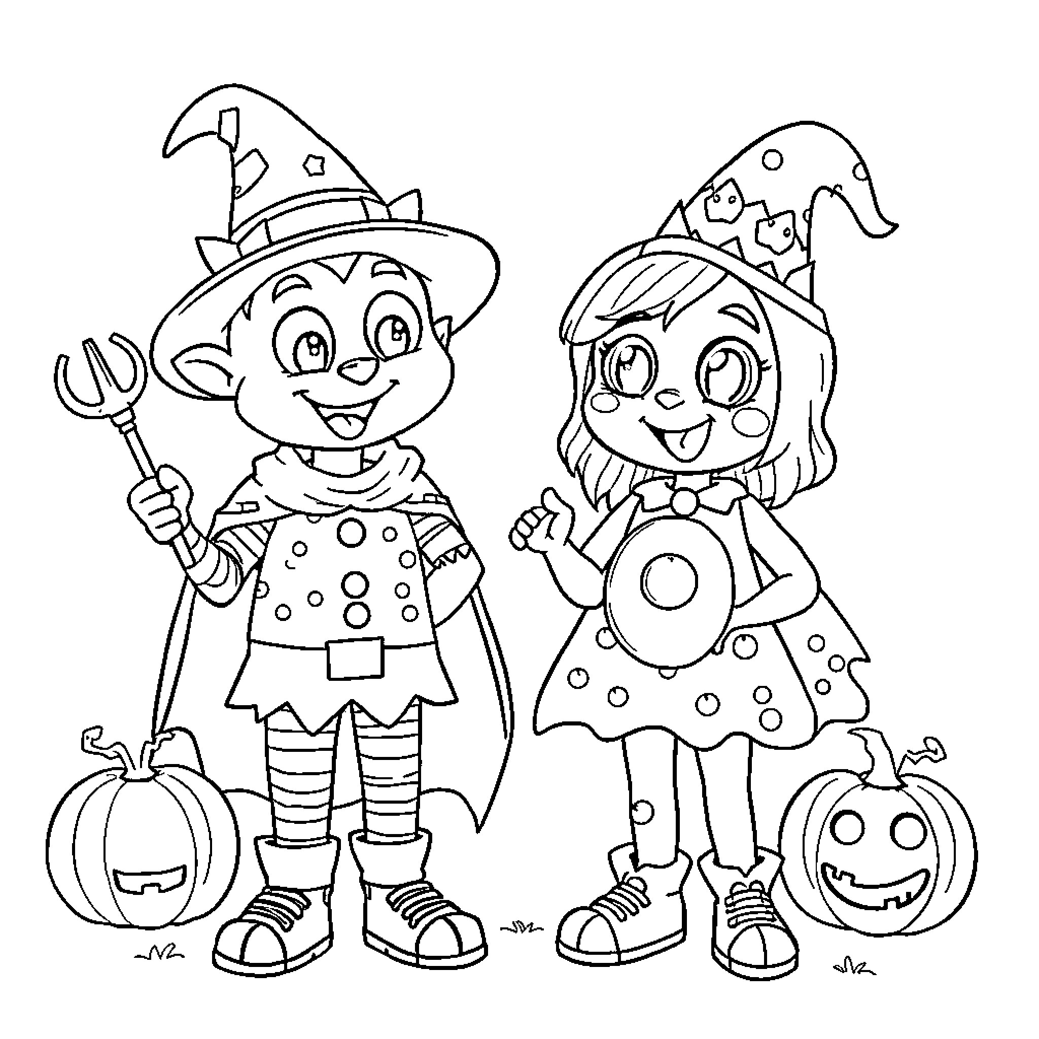 Bluey and Friend in Festive Halloween Costumes Coloring Page (free black-and-white line drawing printable PDF for all, from beginners to advanced learners, including children, teens, adults, and seniors)
