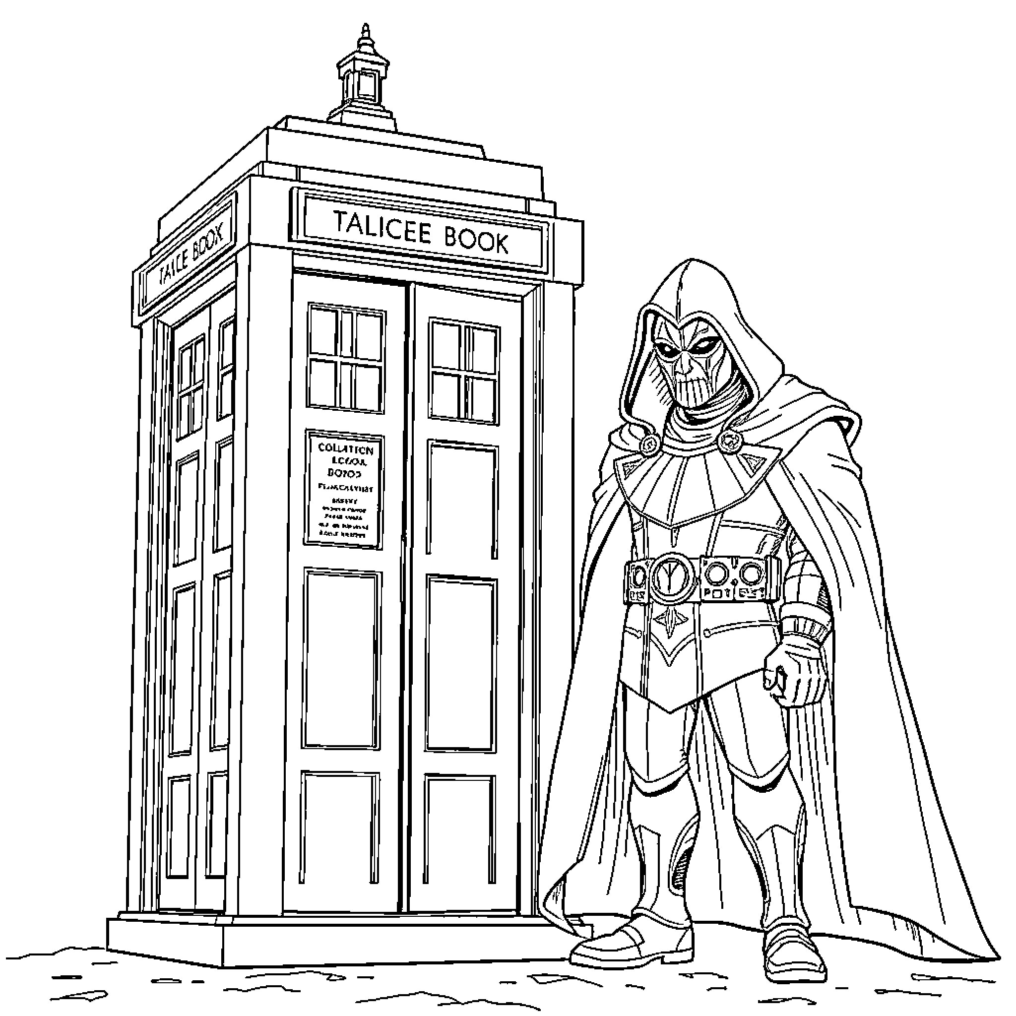 TARDIS and a mysterious cloaked figure Coloring Page (free black-and-white line drawing printable PDF for all, from beginners to advanced learners, including children, teens, adults, and seniors)