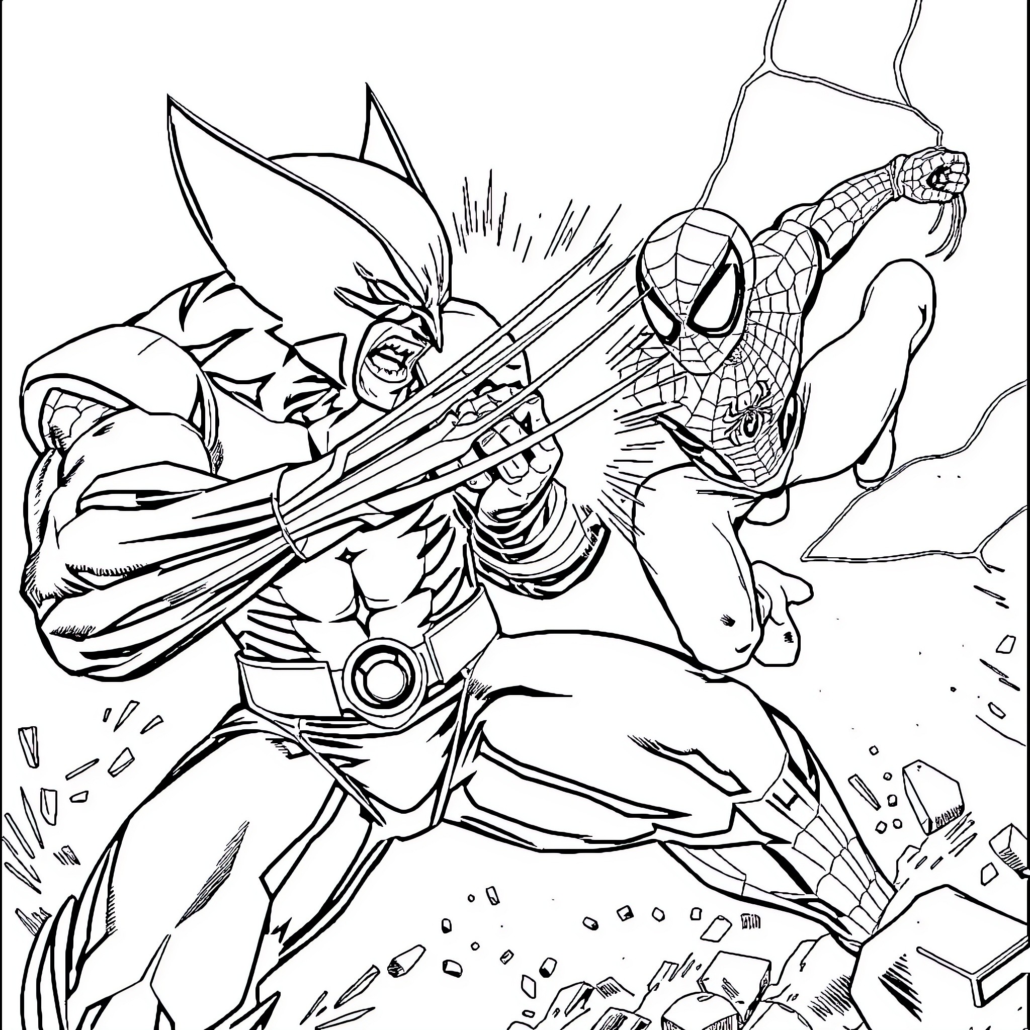 Wolverine battling Spider-Man in heroic confrontation Coloring Page (free black-and-white line drawing printable PDF for all, from beginners to advanced learners, including children, teens, adults, and seniors)