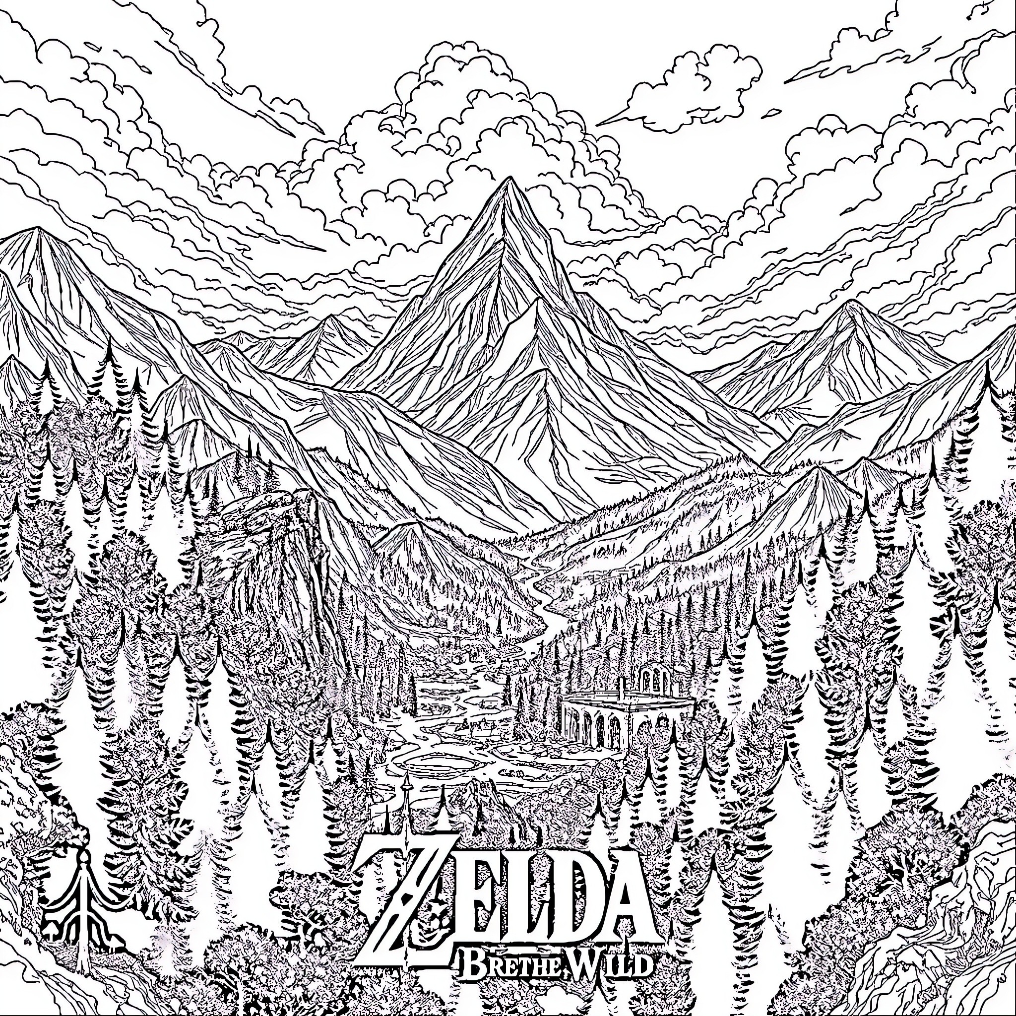 Zelda's Majestic Mountain Landscape Coloring Page (free black-and-white line drawing printable PDF for all, from beginners to advanced learners, including children, teens, adults, and seniors)