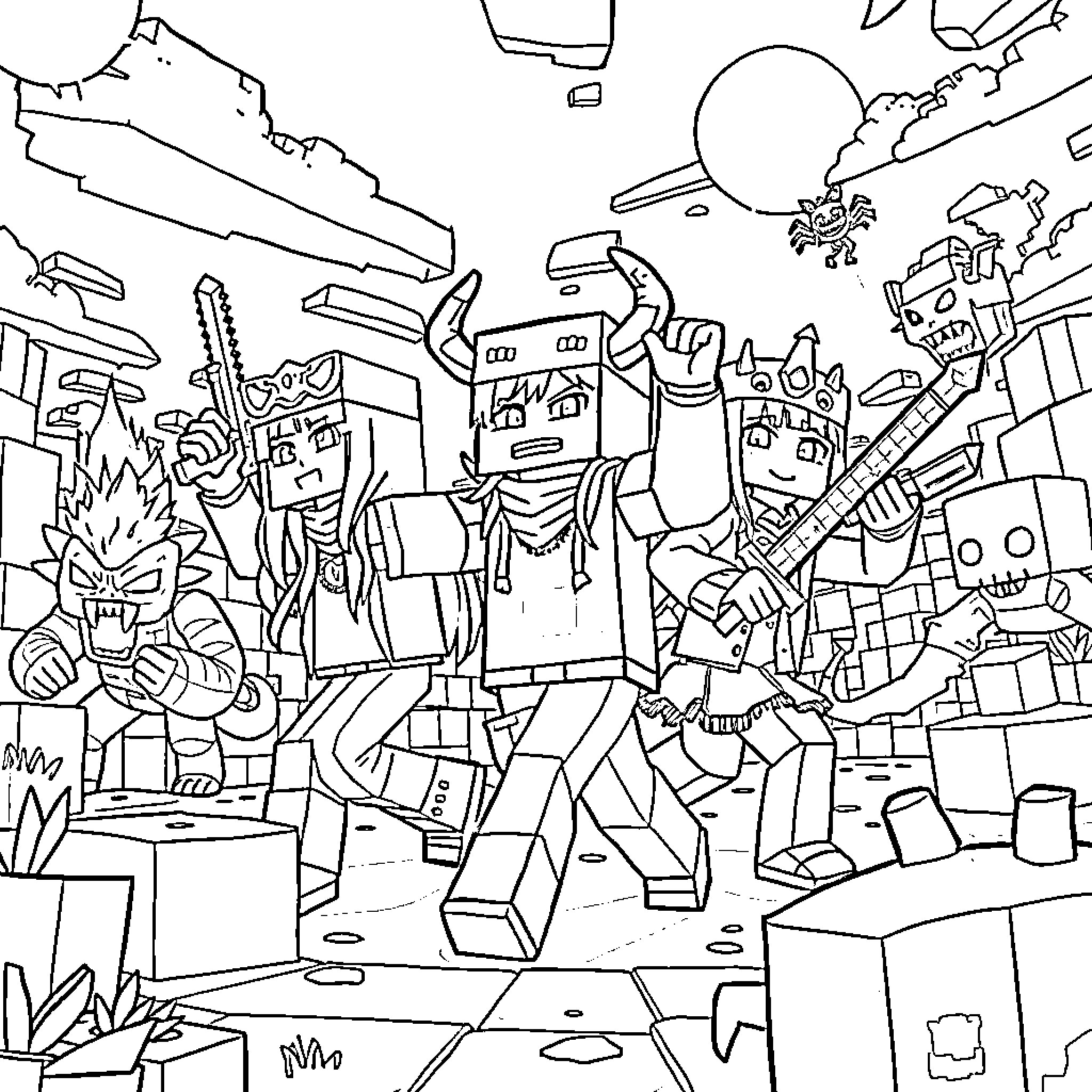 Demon Hunter in an Apocalyptic Battle Scene Coloring Page (free black-and-white line drawing printable PDF for all, from beginners to advanced learners, including children, teens, adults, and seniors)