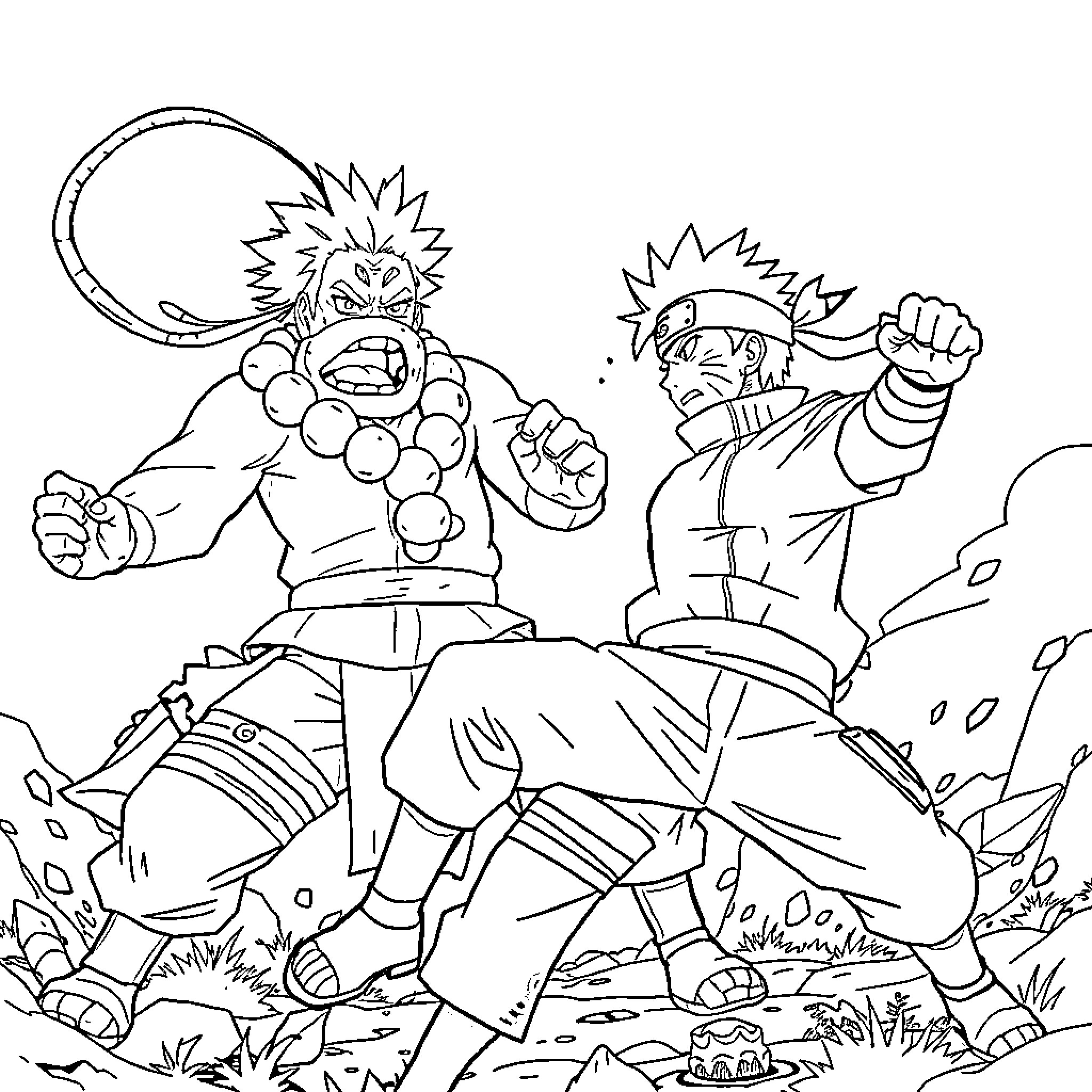 Naruto characters in action-packed combat scene Coloring Page (free black-and-white line drawing printable PDF for all, from beginners to advanced learners, including children, teens, adults, and seniors)