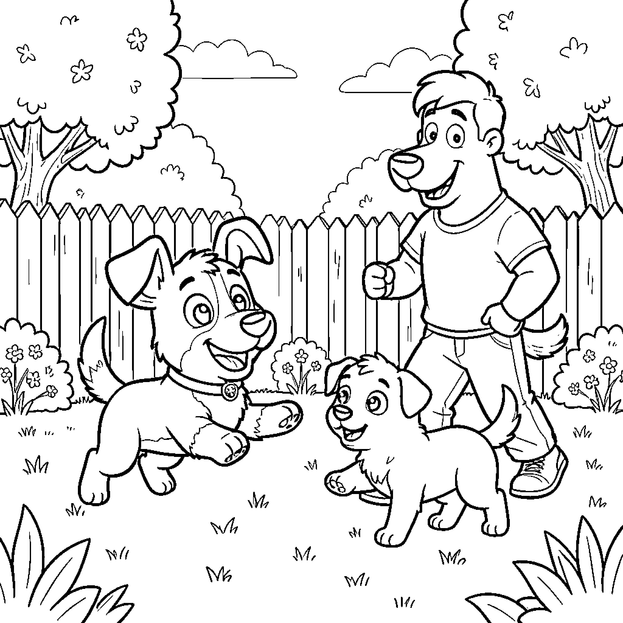 Bluey characters playing happily in a backyard garden Coloring Page (free black-and-white line drawing printable PDF for all, from beginners to advanced learners, including children, teens, adults, and seniors)