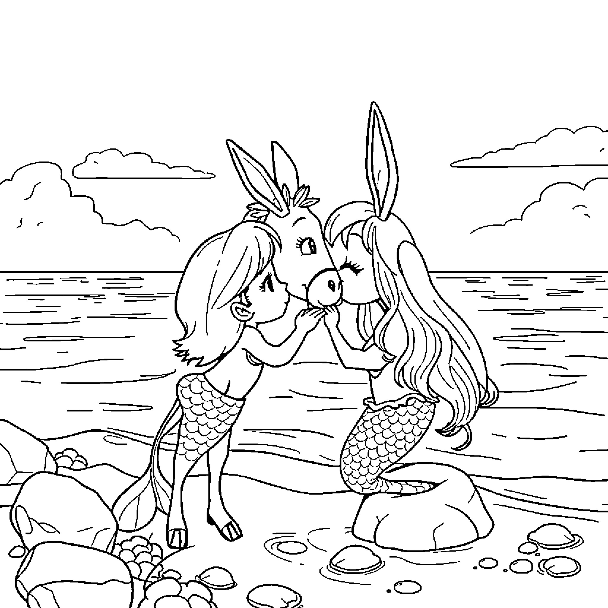 Mermaid and Bunny Interact Playfully on the Beach Coloring Page (free black-and-white line drawing printable PDF for all, from beginners to advanced learners, including children, teens, adults, and seniors)