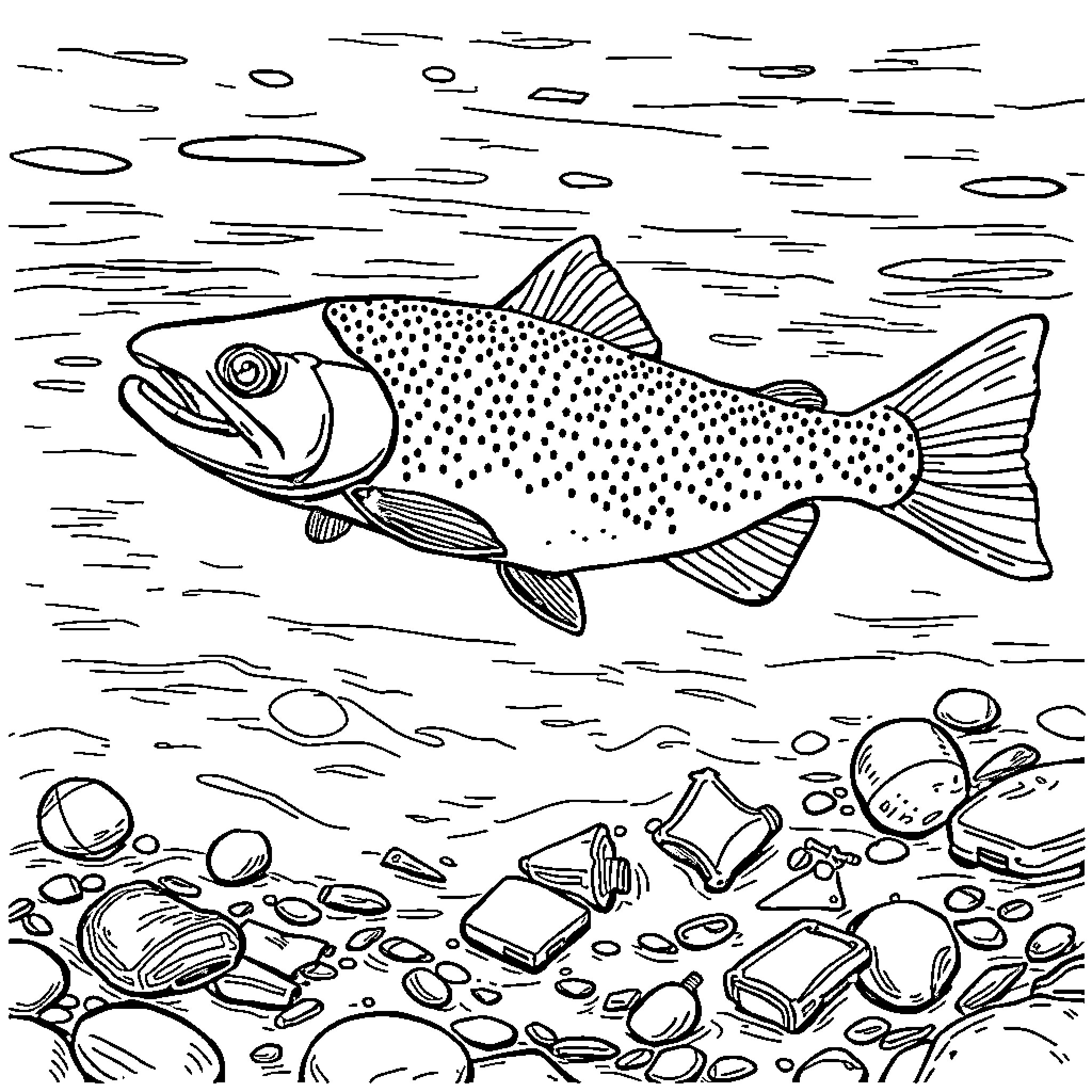 Trout Swimming Amidst Underwater Rocks and Pebbles Coloring Page (free black-and-white line drawing printable PDF for all, from beginners to advanced learners, including children, teens, adults, and seniors)