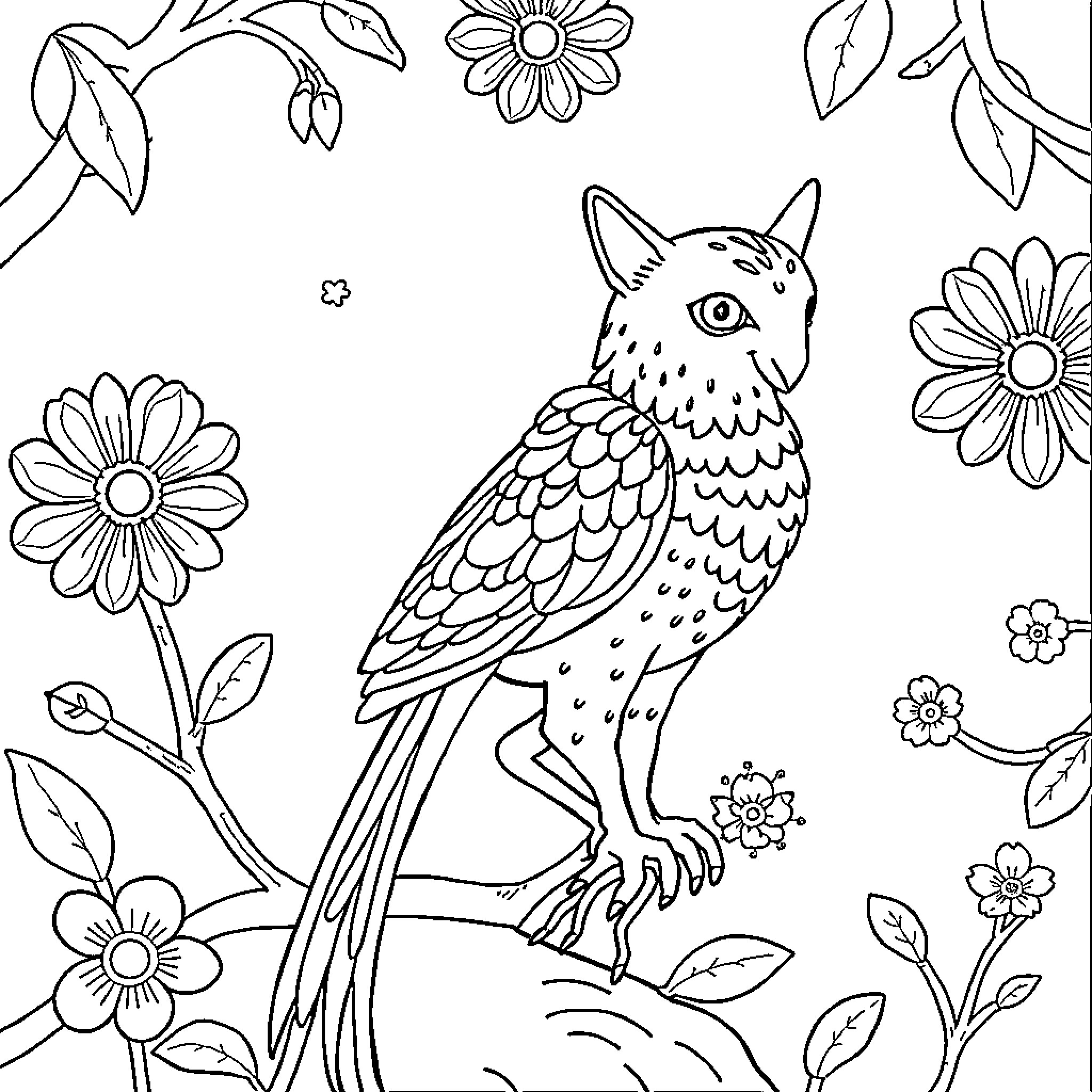 Girl with decorative floral elements and bird Coloring Page (free black-and-white line drawing printable PDF for all, from beginners to advanced learners, including children, teens, adults, and seniors)