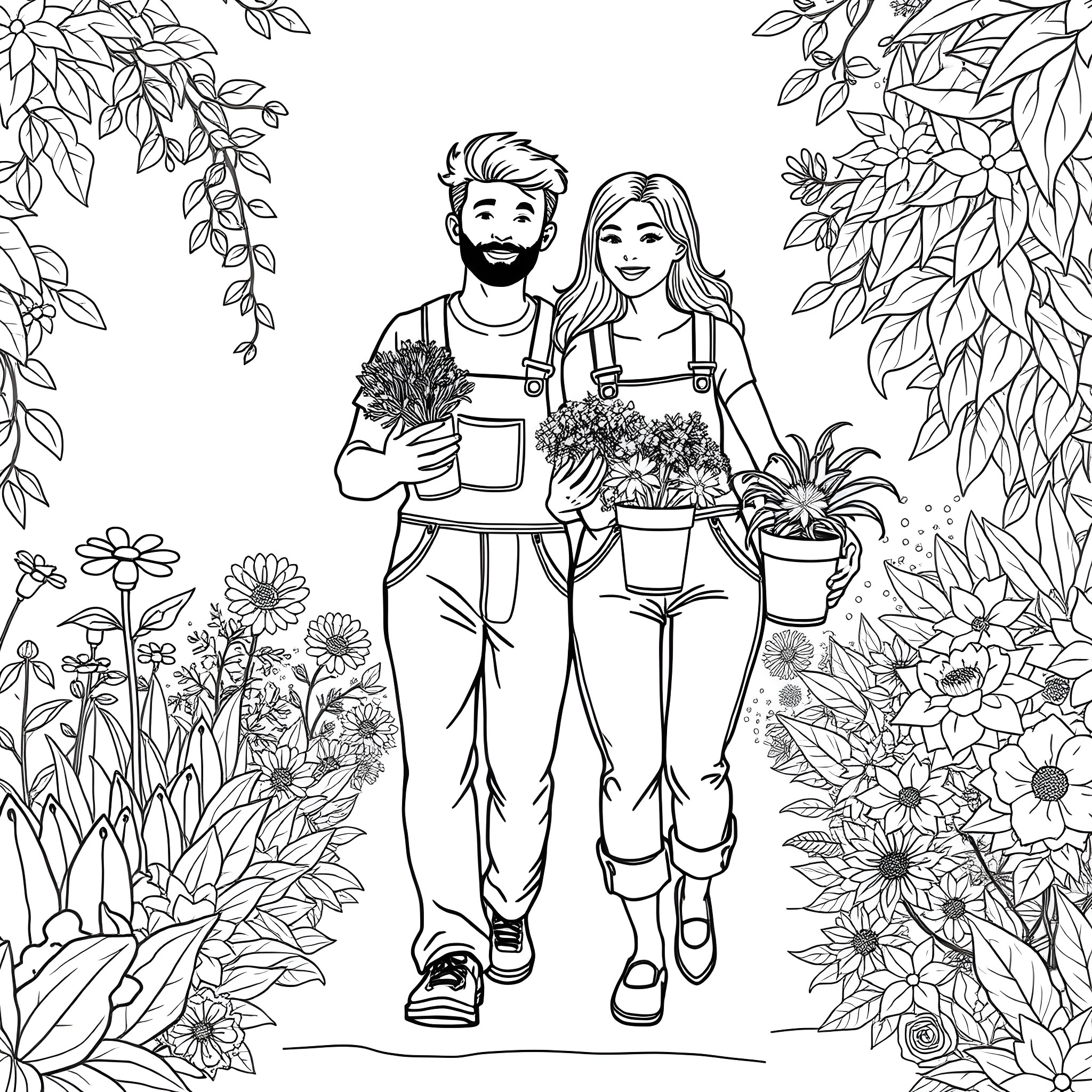 Gardener couple tending to their blooming garden Coloring Page (free black-and-white line drawing printable PDF for all, from beginners to advanced learners, including children, teens, adults, and seniors)