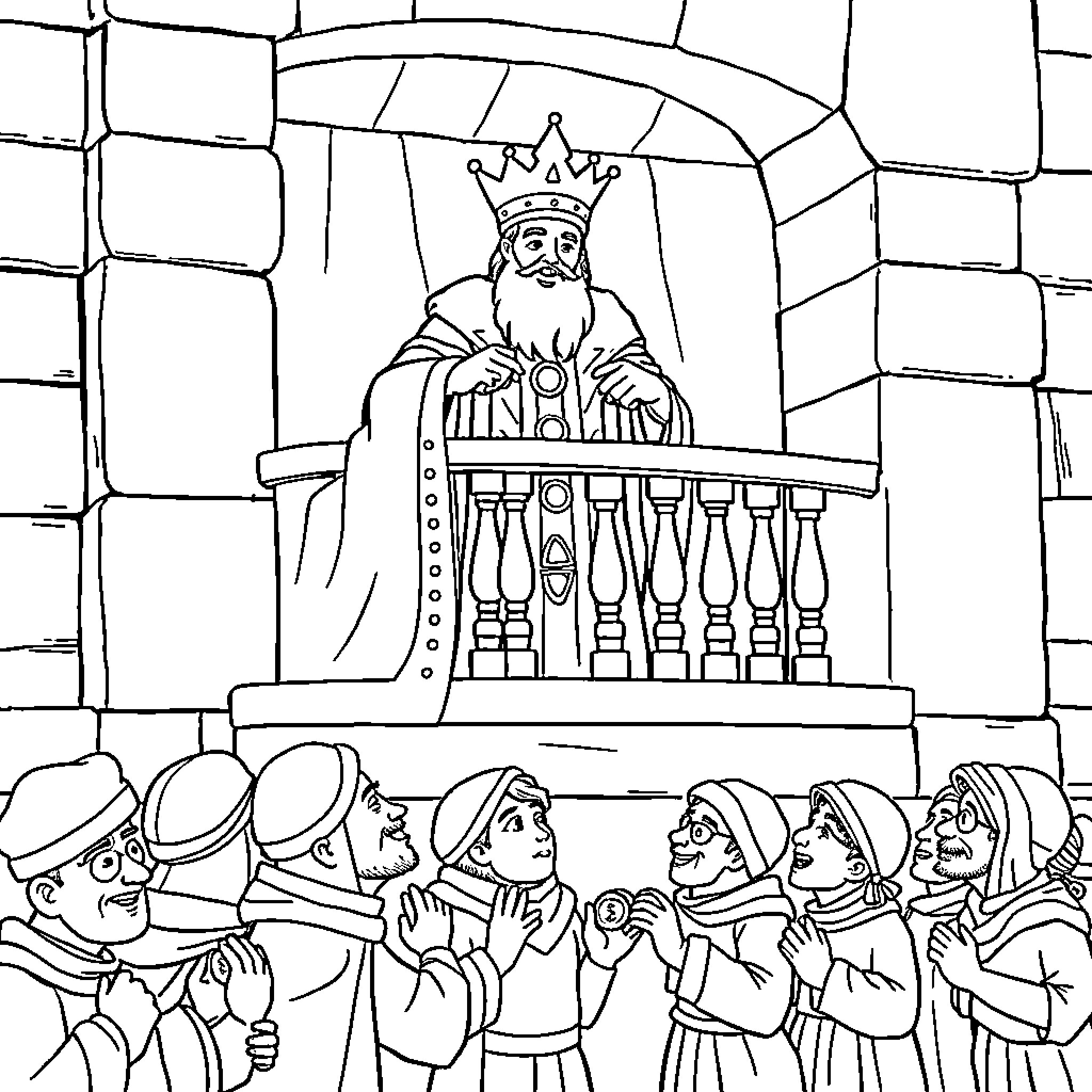 King Reigns Graciously from His Castle Balcony Coloring Page (free black-and-white line drawing printable PDF for all, from beginners to advanced learners, including children, teens, adults, and seniors)