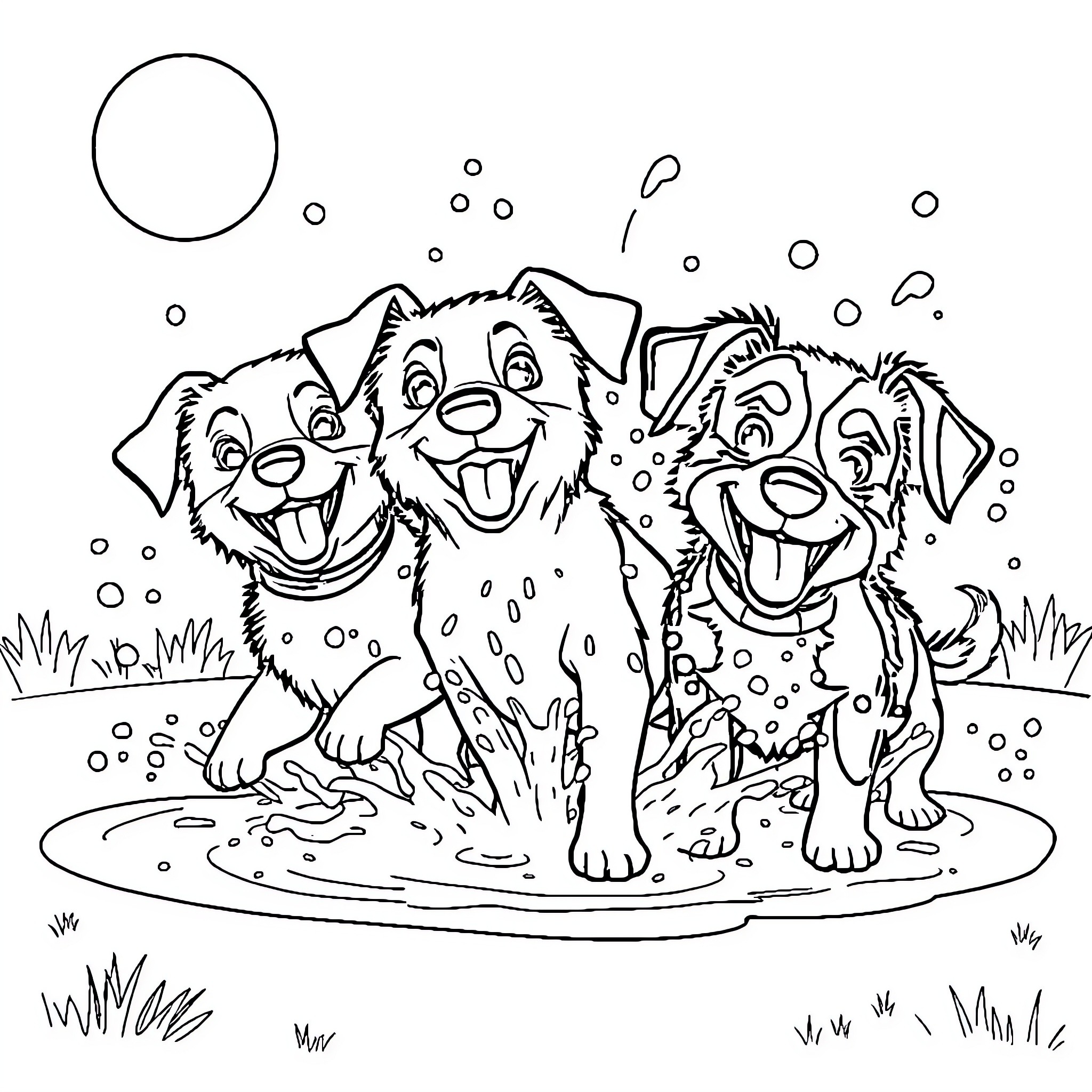 Dog Playing Happily in the Mud with Friends Coloring Page (free black-and-white line drawing printable PDF for all, from beginners to advanced learners, including children, teens, adults, and seniors)