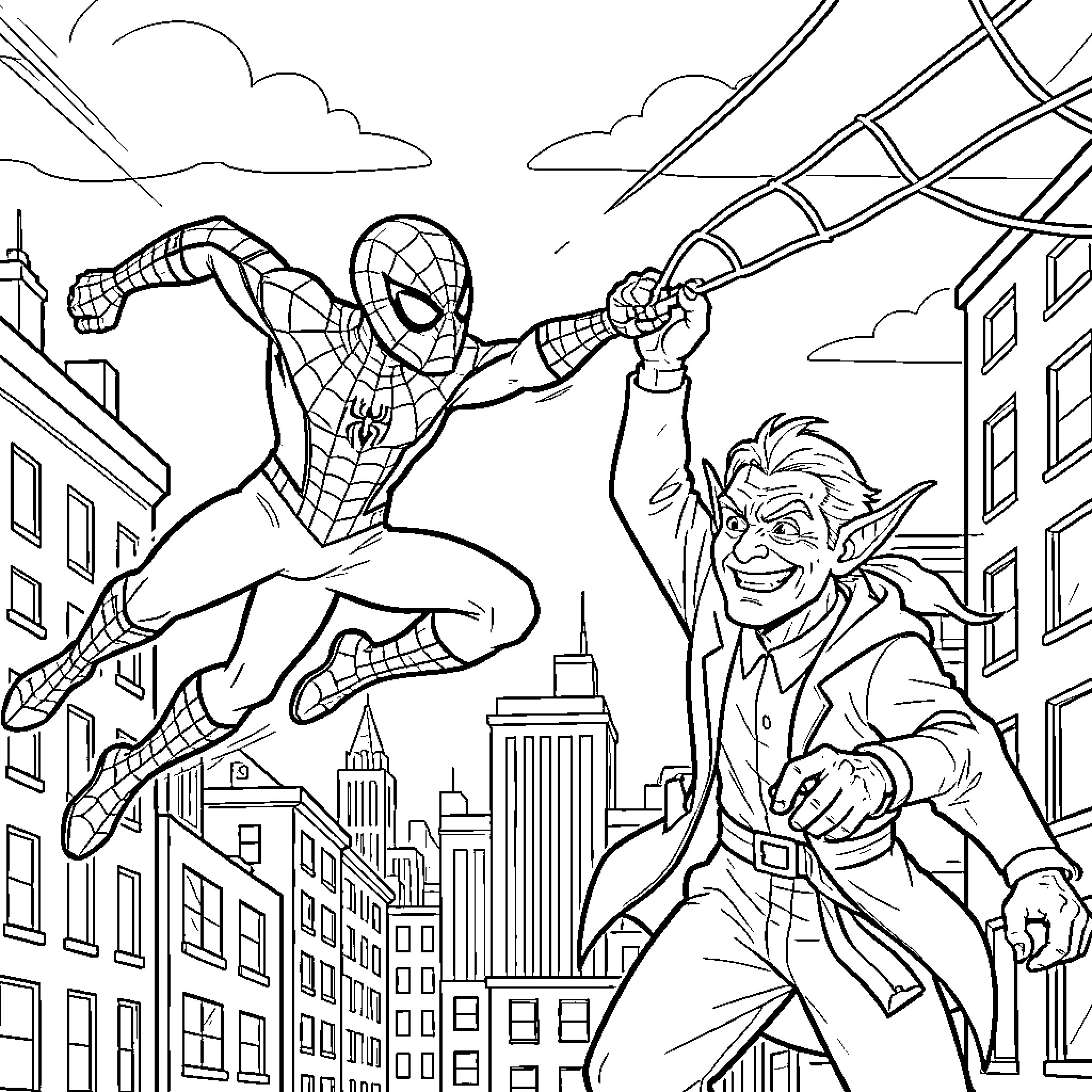 Spiderman swinging through the city with the Joker Coloring Page (free black-and-white line drawing printable PDF for all, from beginners to advanced learners, including children, teens, adults, and seniors)