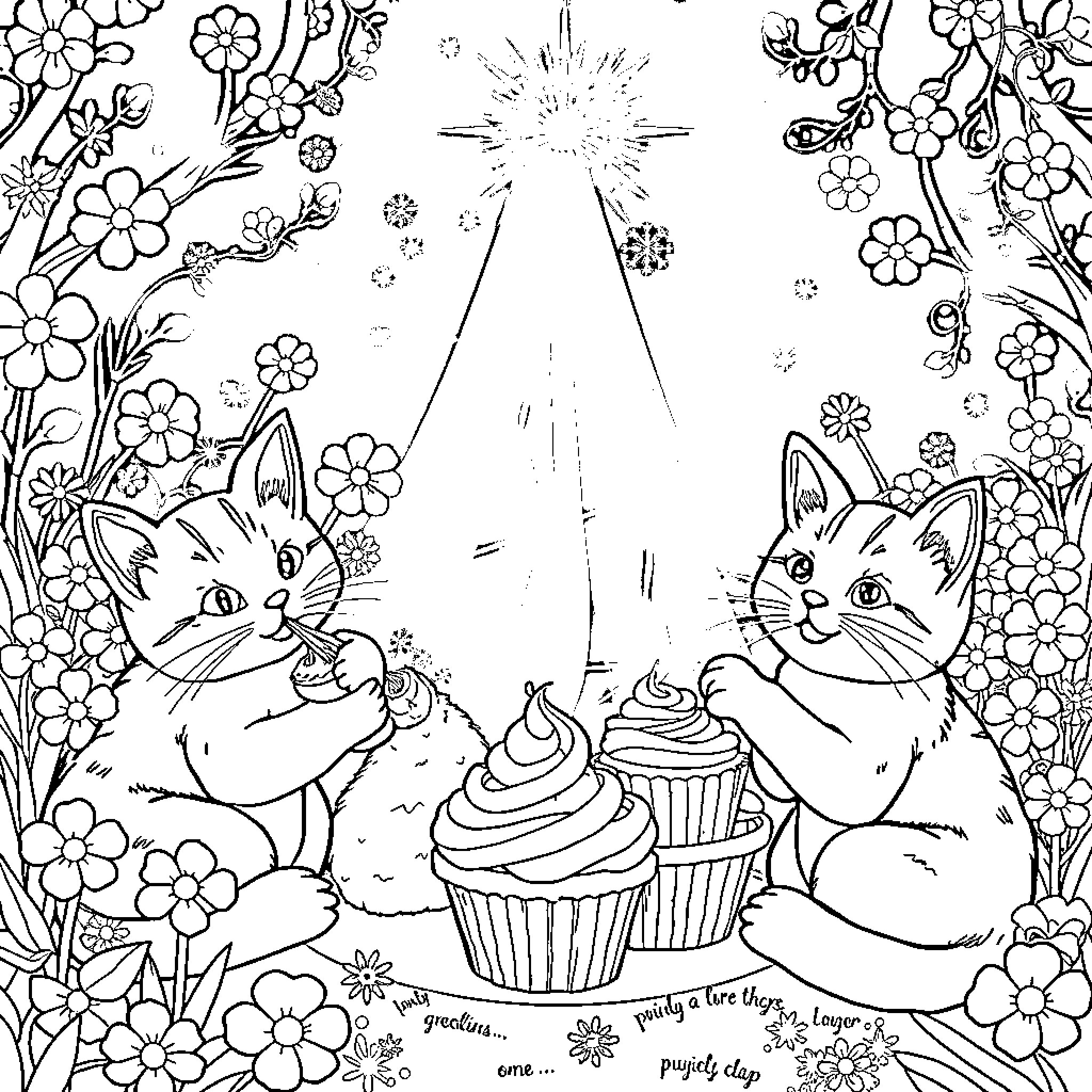 Cat Kittens Celebrate with Cupcakes in Floral Meadow Coloring Page (free black-and-white line drawing printable PDF for all, from beginners to advanced learners, including children, teens, adults, and seniors)