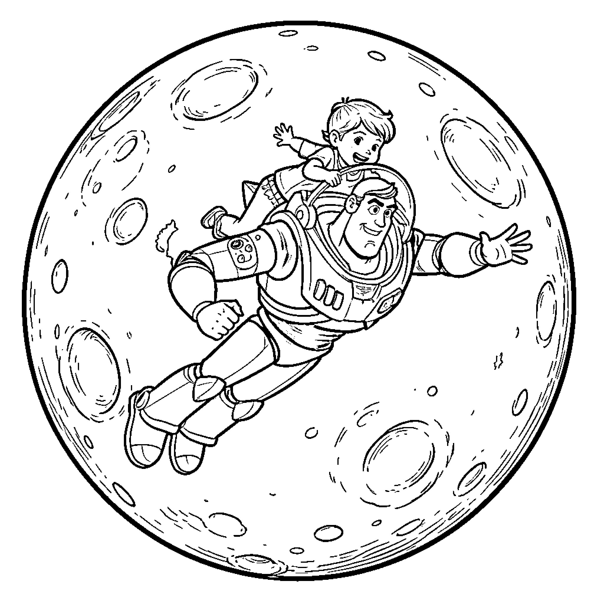 Buzz Lightyear flying joyfully in front of the moon Coloring Page (free black-and-white line drawing printable PDF for all, from beginners to advanced learners, including children, teens, adults, and seniors)