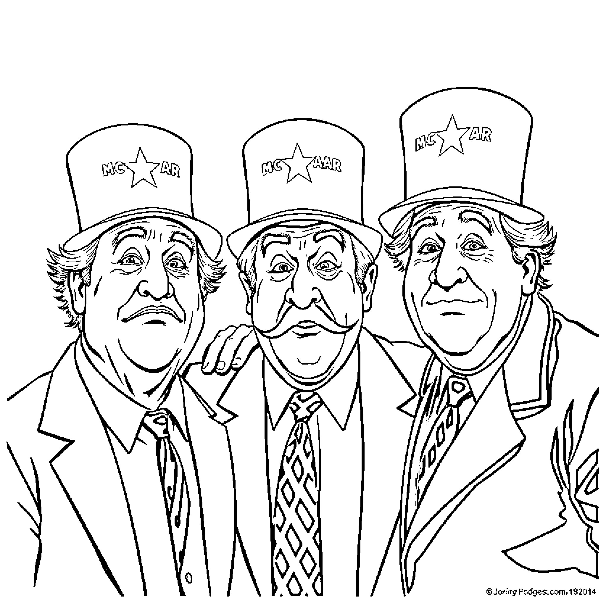 Three Stooges in Zany Costumes and Expressions Coloring Page (free black-and-white line drawing printable PDF for all, from beginners to advanced learners, including children, teens, adults, and seniors)
