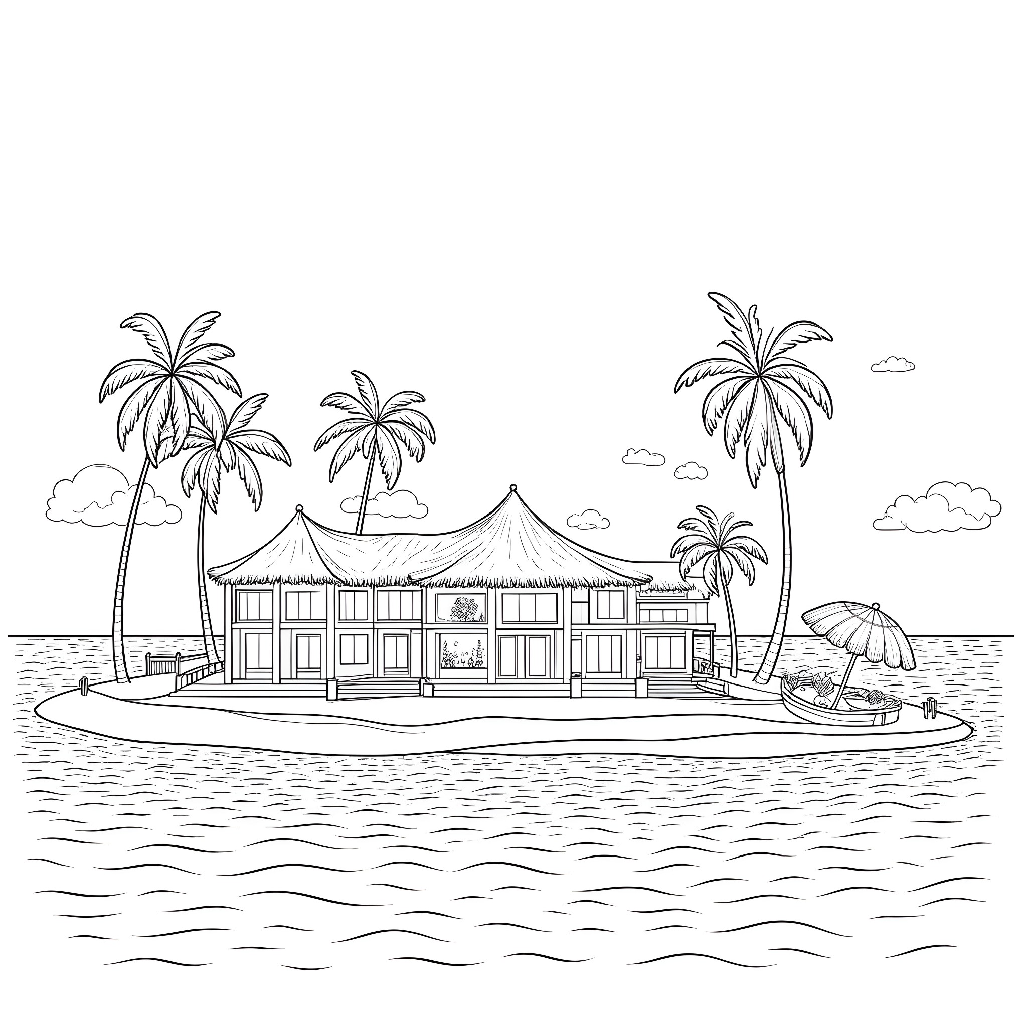 Resort with tropical cottages and palm trees Coloring Page (free black-and-white line drawing printable PDF for all, from beginners to advanced learners, including children, teens, adults, and seniors)