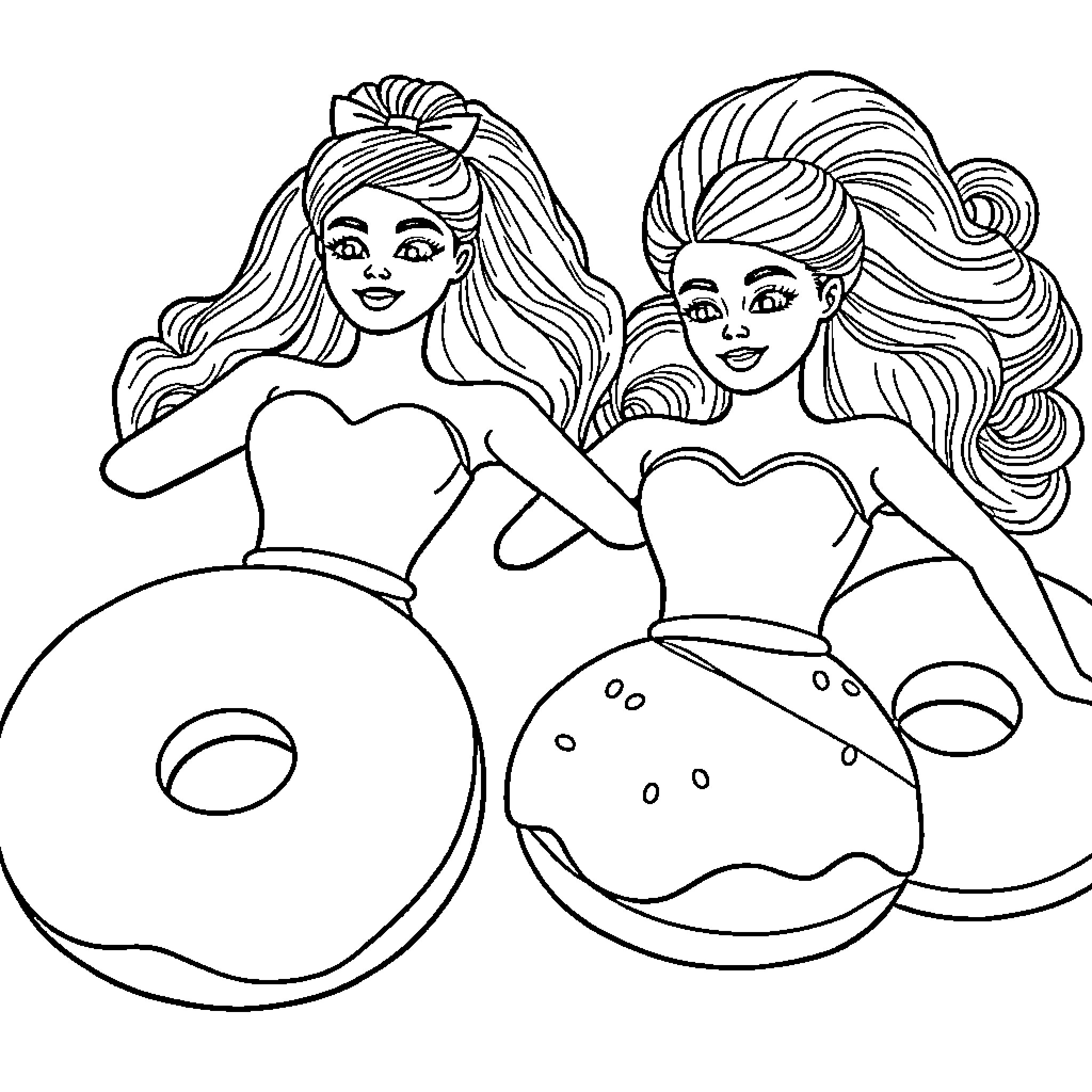 Donut-themed party with two stylized women Coloring Page (free black-and-white line drawing printable PDF for all, from beginners to advanced learners, including children, teens, adults, and seniors)