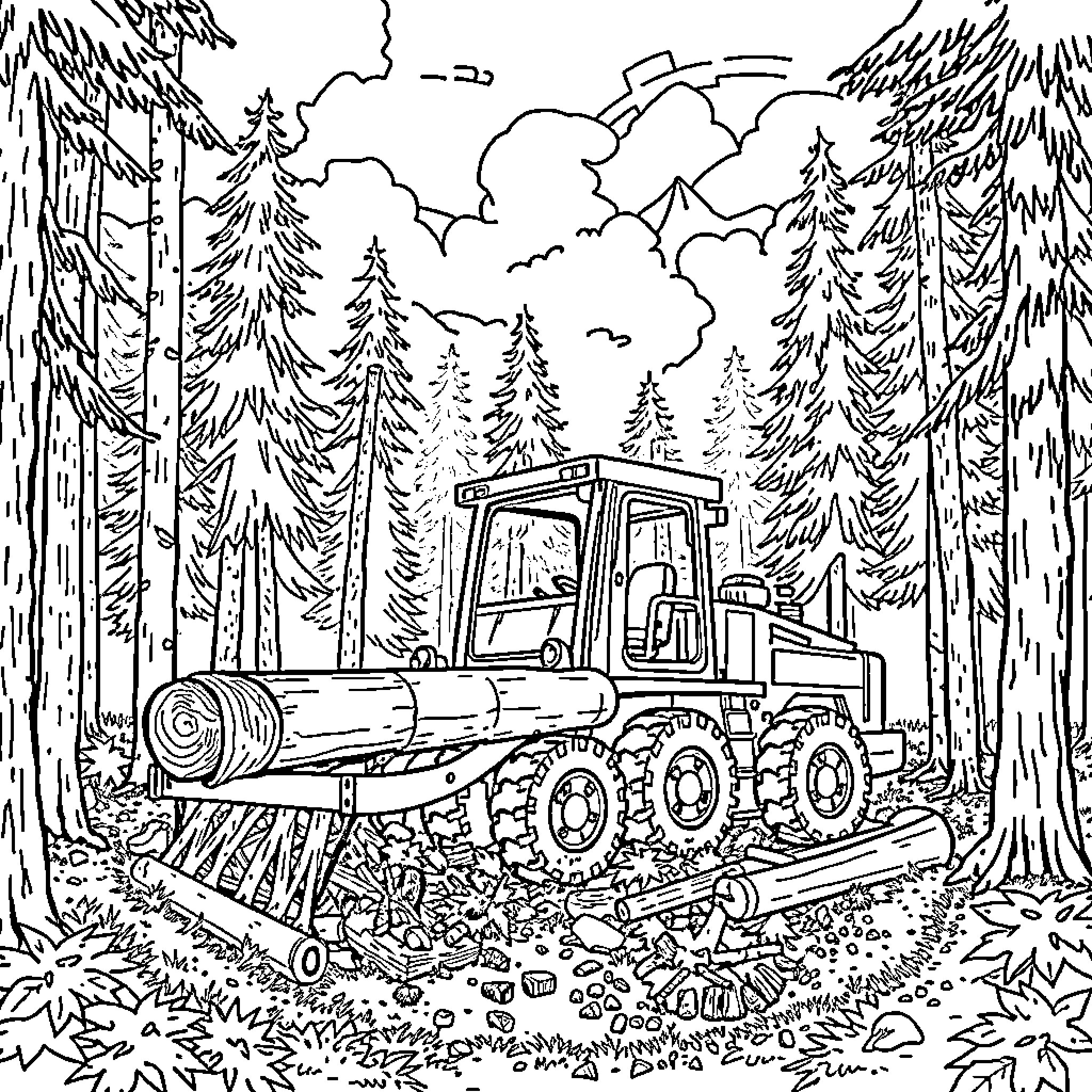 Fellerbuncher clearing path through dense forest Coloring Page (free black-and-white line drawing printable PDF for all, from beginners to advanced learners, including children, teens, adults, and seniors)