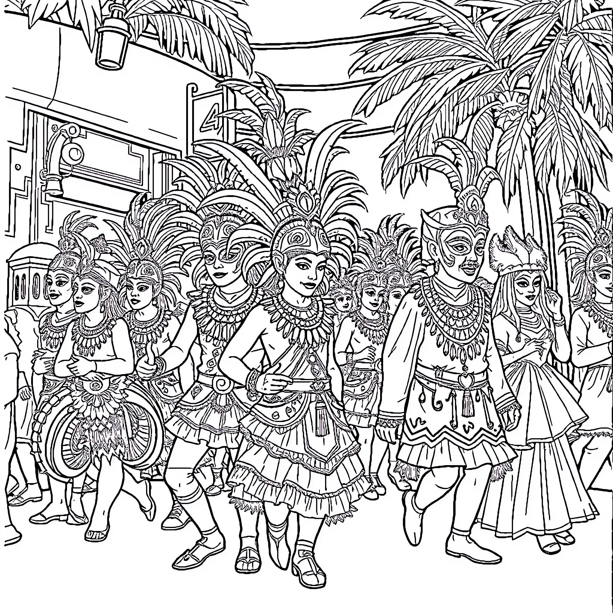 Masskara Festival Celebration with Vibrant Costumes Coloring Page (free black-and-white line drawing printable PDF for all, from beginners to advanced learners, including children, teens, adults, and seniors)