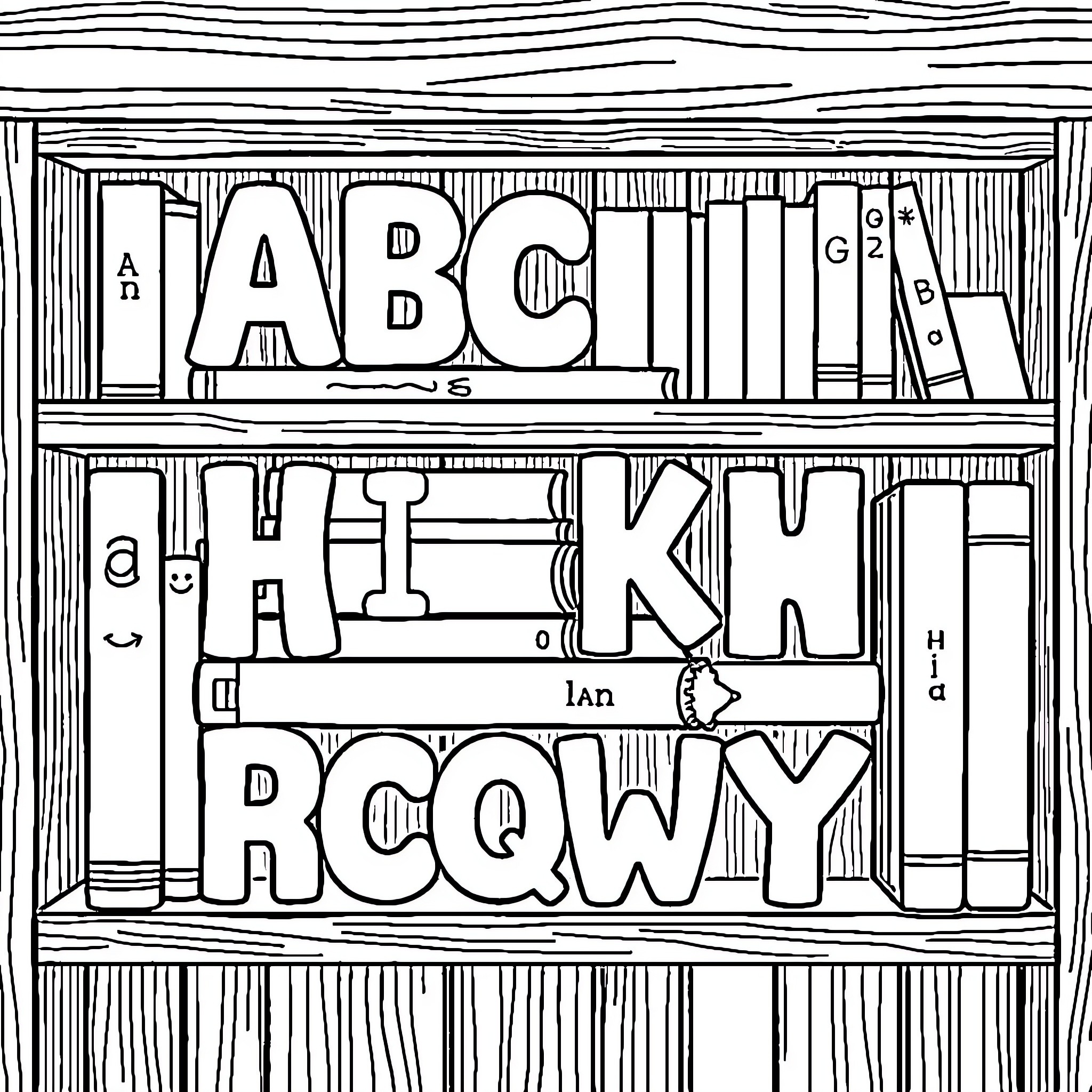 ABC Bookshelf with Books and Objects Coloring Page (free black-and-white line drawing printable PDF for all, from beginners to advanced learners, including children, teens, adults, and seniors)