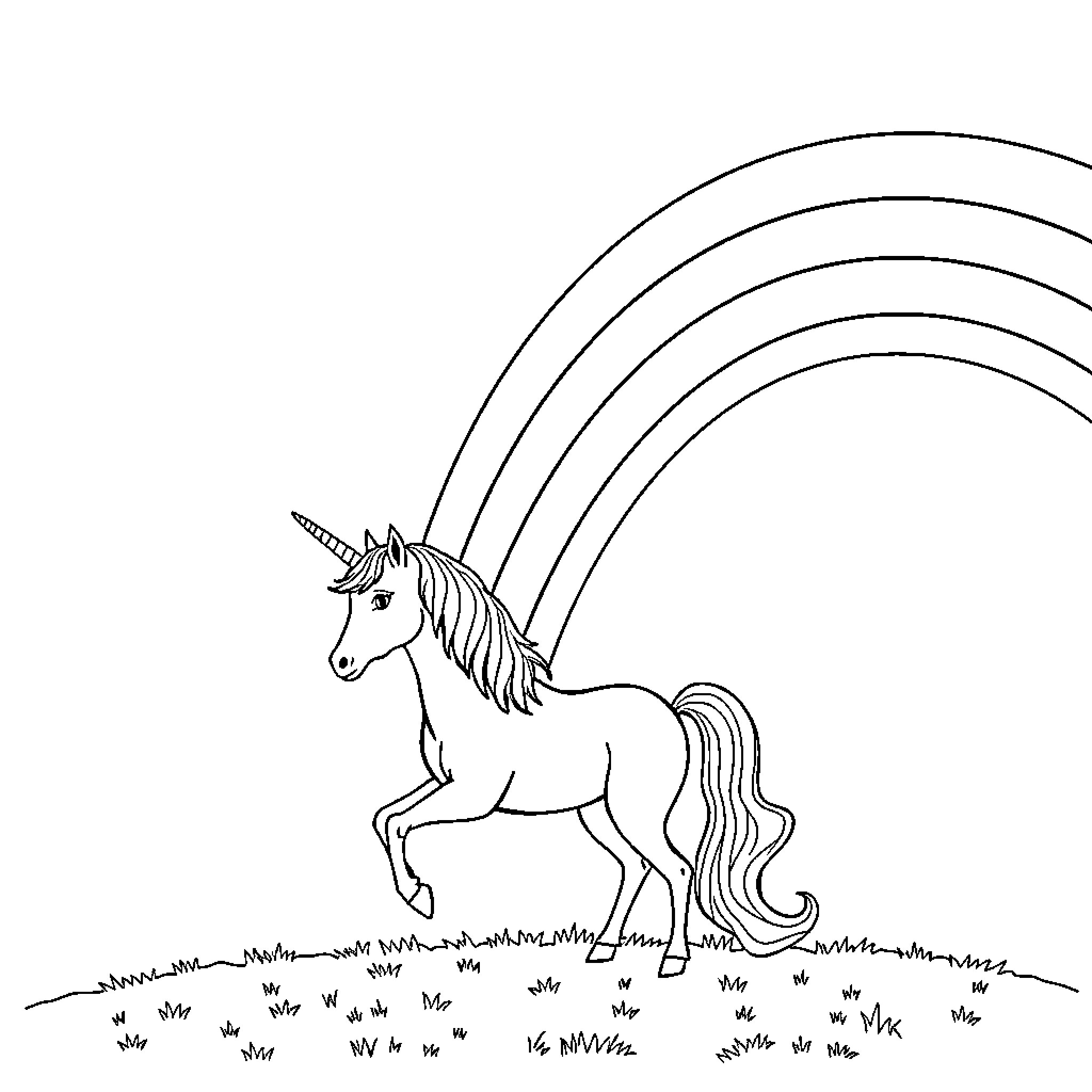 Unicorn prancing through vibrant field Coloring Page (free black-and-white line drawing printable PDF for all, from beginners to advanced learners, including children, teens, adults, and seniors)
