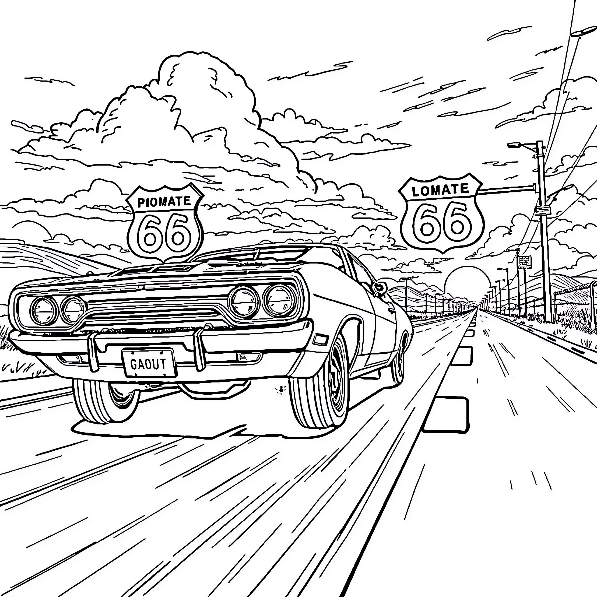 Plymouth Roadrunner speeding down historic Route 66 Coloring Page (free black-and-white line drawing printable PDF for all, from beginners to advanced learners, including children, teens, adults, and seniors)
