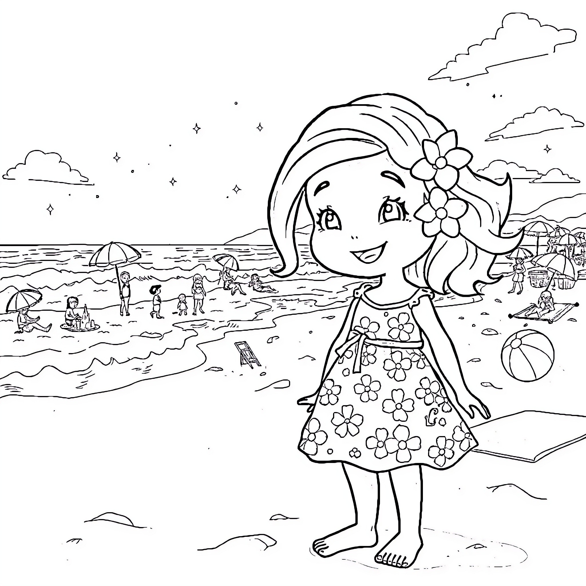Beach scene with happy girl and beachgoers Coloring Page (free black-and-white line drawing printable PDF for all, from beginners to advanced learners, including children, teens, adults, and seniors)