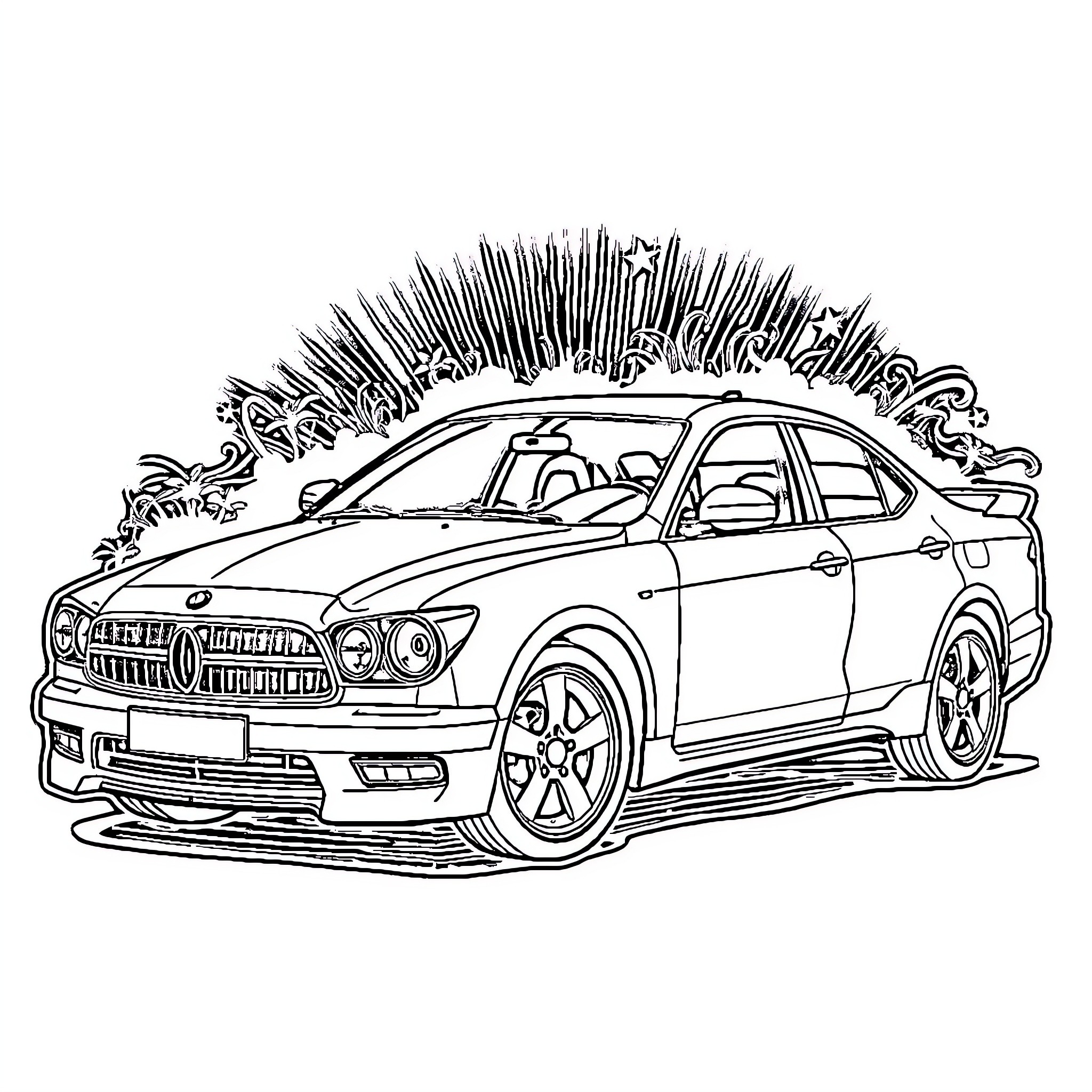 Car speeding through a field of tall grass Coloring Page (free black-and-white line drawing printable PDF for all, from beginners to advanced learners, including children, teens, adults, and seniors)