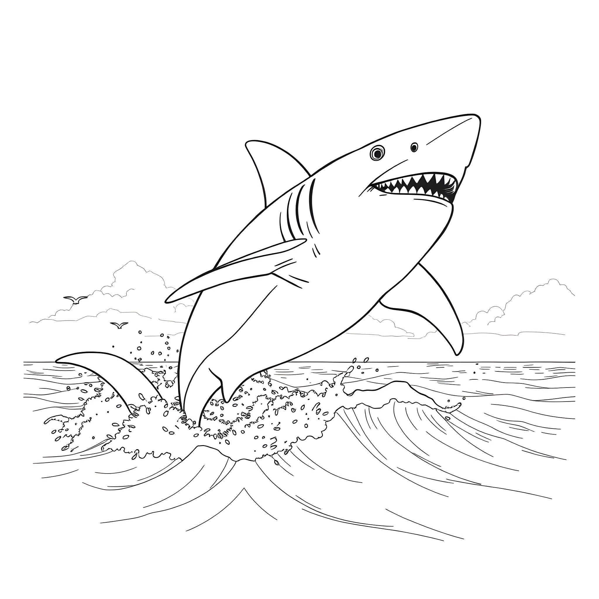 Shark jumping out of the waves Coloring Page (free black-and-white line drawing printable PDF for all, from beginners to advanced learners, including children, teens, adults, and seniors)
