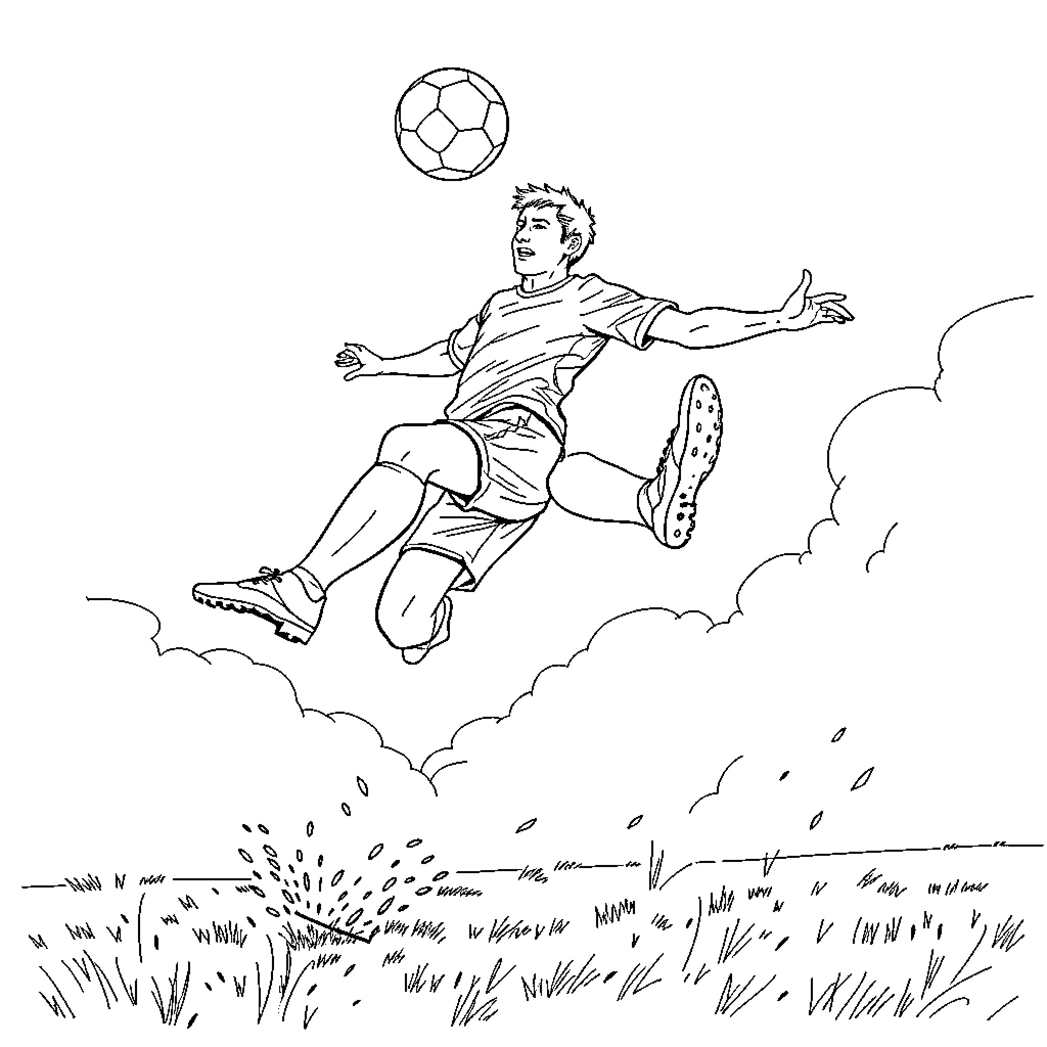 Soccer Player Leaping to Kick the Ball Coloring Page (free black-and-white line drawing printable PDF for all, from beginners to advanced learners, including children, teens, adults, and seniors)