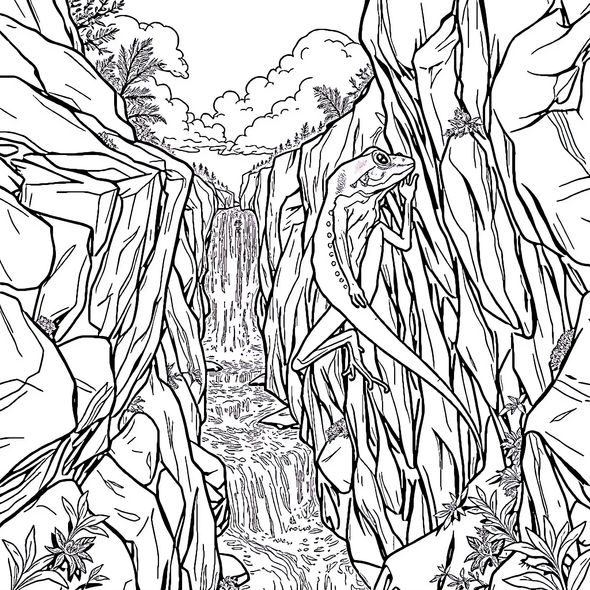 Frog in a lush forest waterfall scene Coloring Page (free black-and-white line drawing printable PDF for all, from beginners to advanced learners, including children, teens, adults, and seniors)