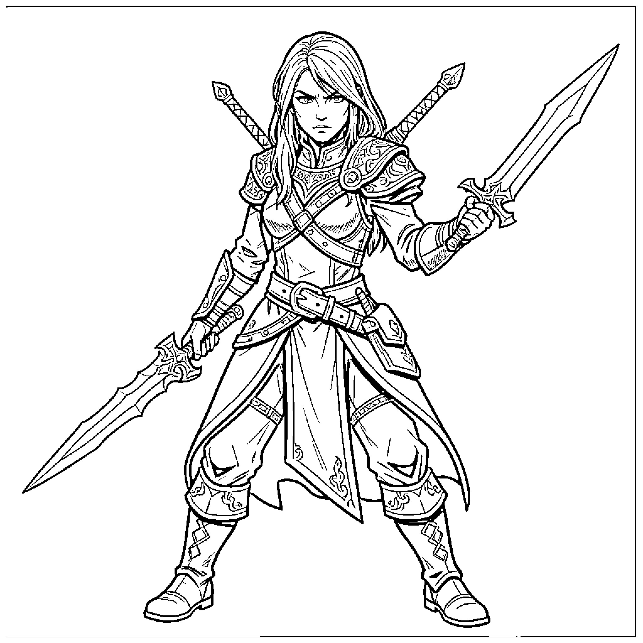 Rumi standing bravely holding two swords Coloring Page (free black-and-white line drawing printable PDF for all, from beginners to advanced learners, including children, teens, adults, and seniors)