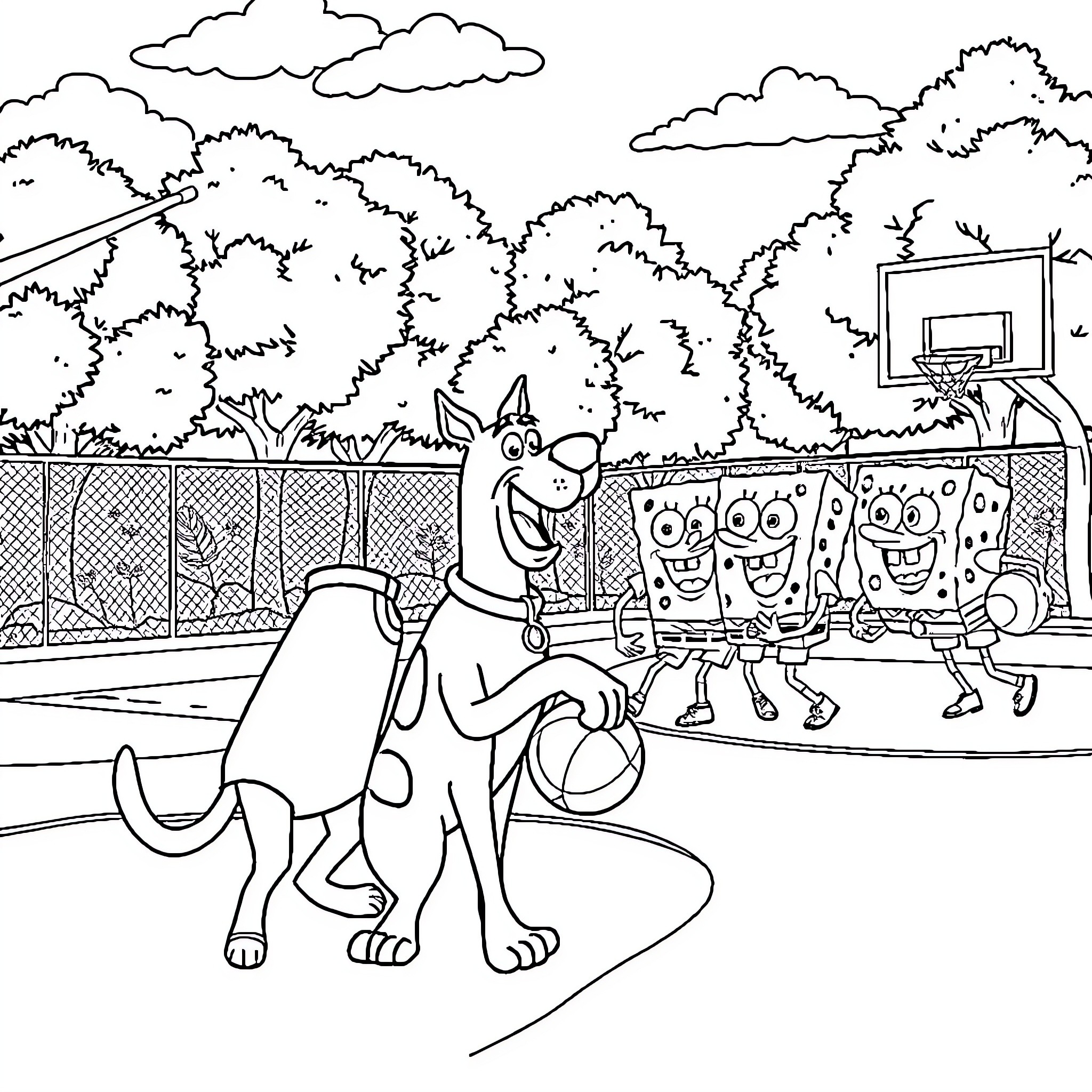 Scooby Doo playing basketball with friends in the park Coloring Page (free black-and-white line drawing printable PDF for all, from beginners to advanced learners, including children, teens, adults, and seniors)