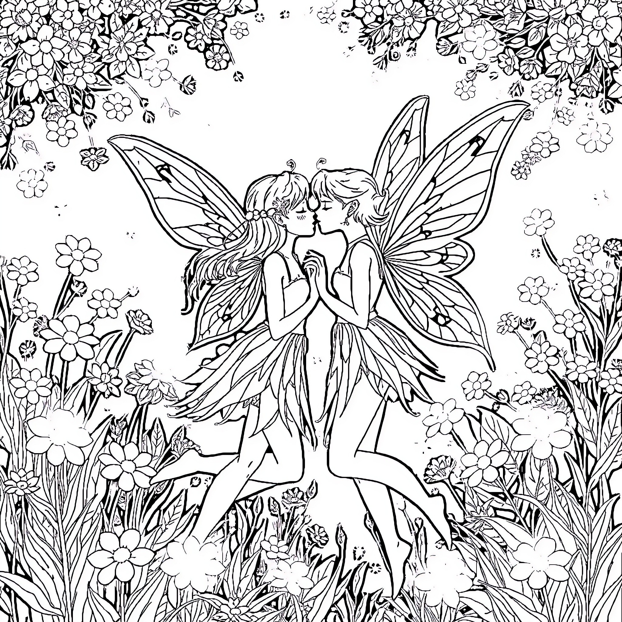 Fairy Lovers Embracing in Enchanted Garden Coloring Page (free black-and-white line drawing printable PDF for all, from beginners to advanced learners, including children, teens, adults, and seniors)