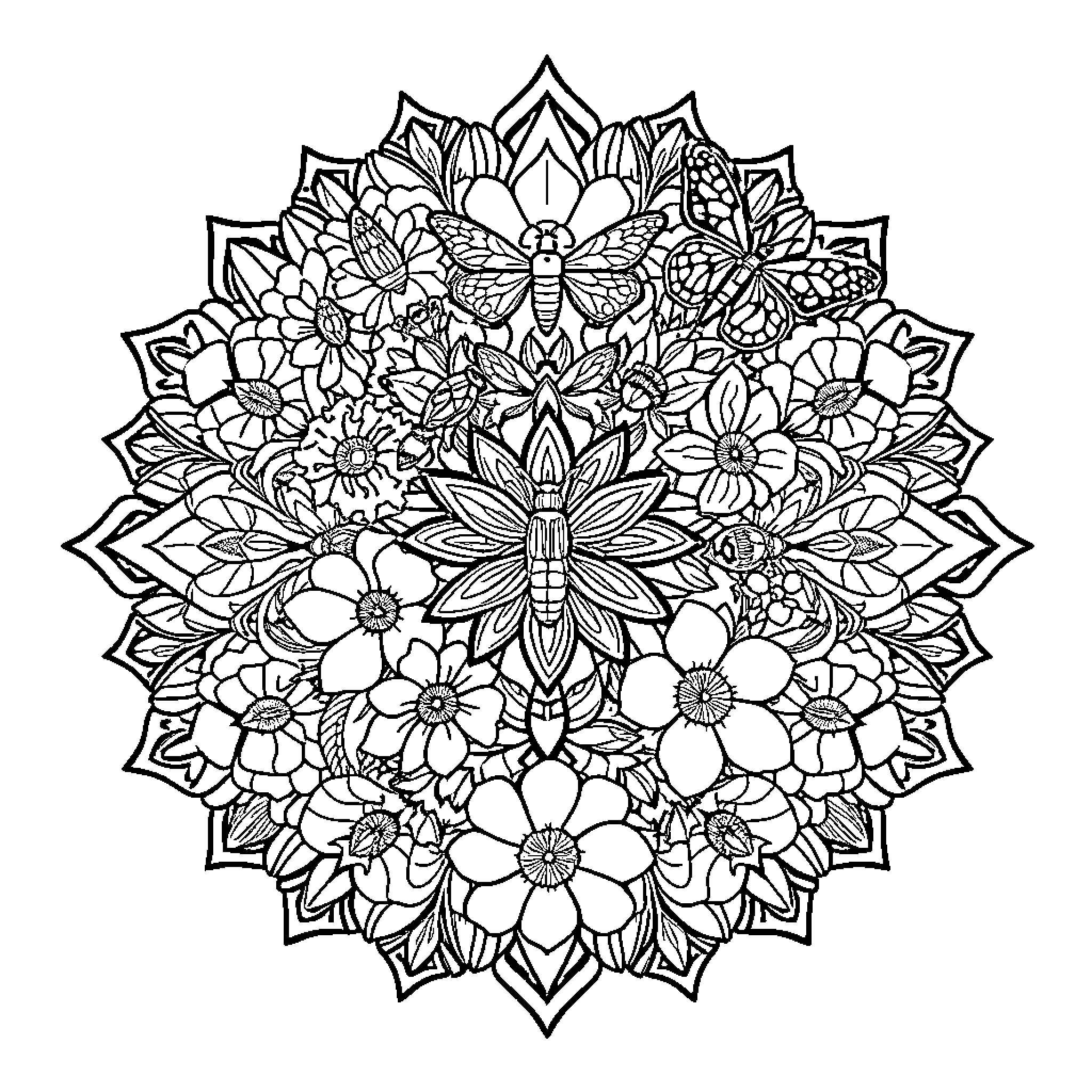 Mandala of Intricate Floral Patterns Coloring Page (free black-and-white line drawing printable PDF for all, from beginners to advanced learners, including children, teens, adults, and seniors)