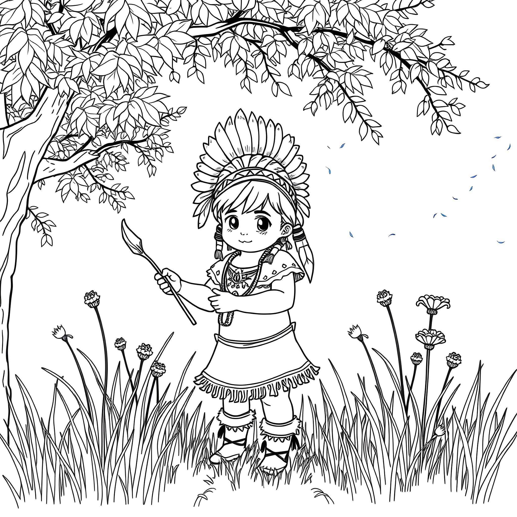 Native American Child Exploring Nature Coloring Page (free black-and-white line drawing printable PDF for all, from beginners to advanced learners, including children, teens, adults, and seniors)