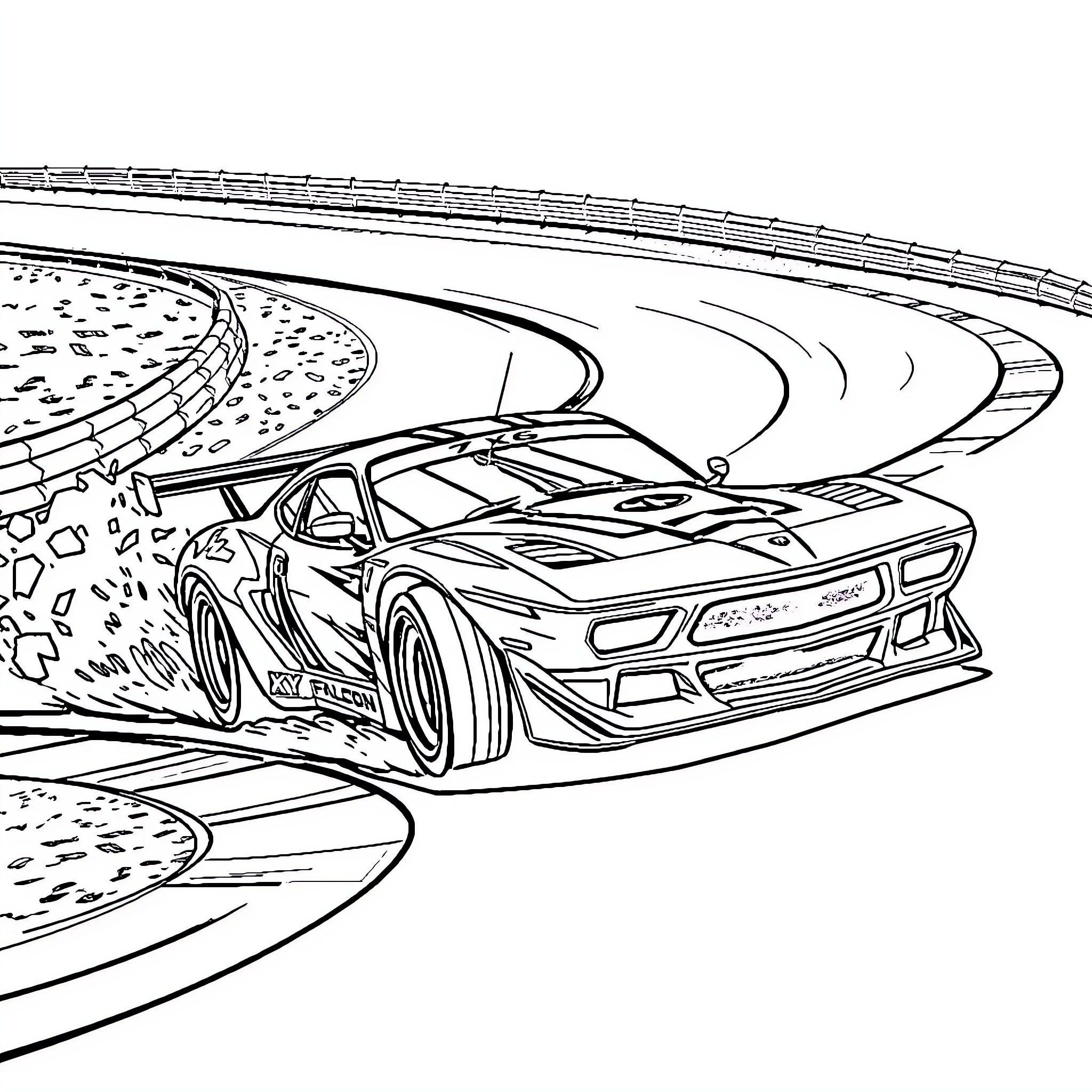 Falcon Race Car Speeding Through Racetrack Coloring Page (free black-and-white line drawing printable PDF for all, from beginners to advanced learners, including children, teens, adults, and seniors)