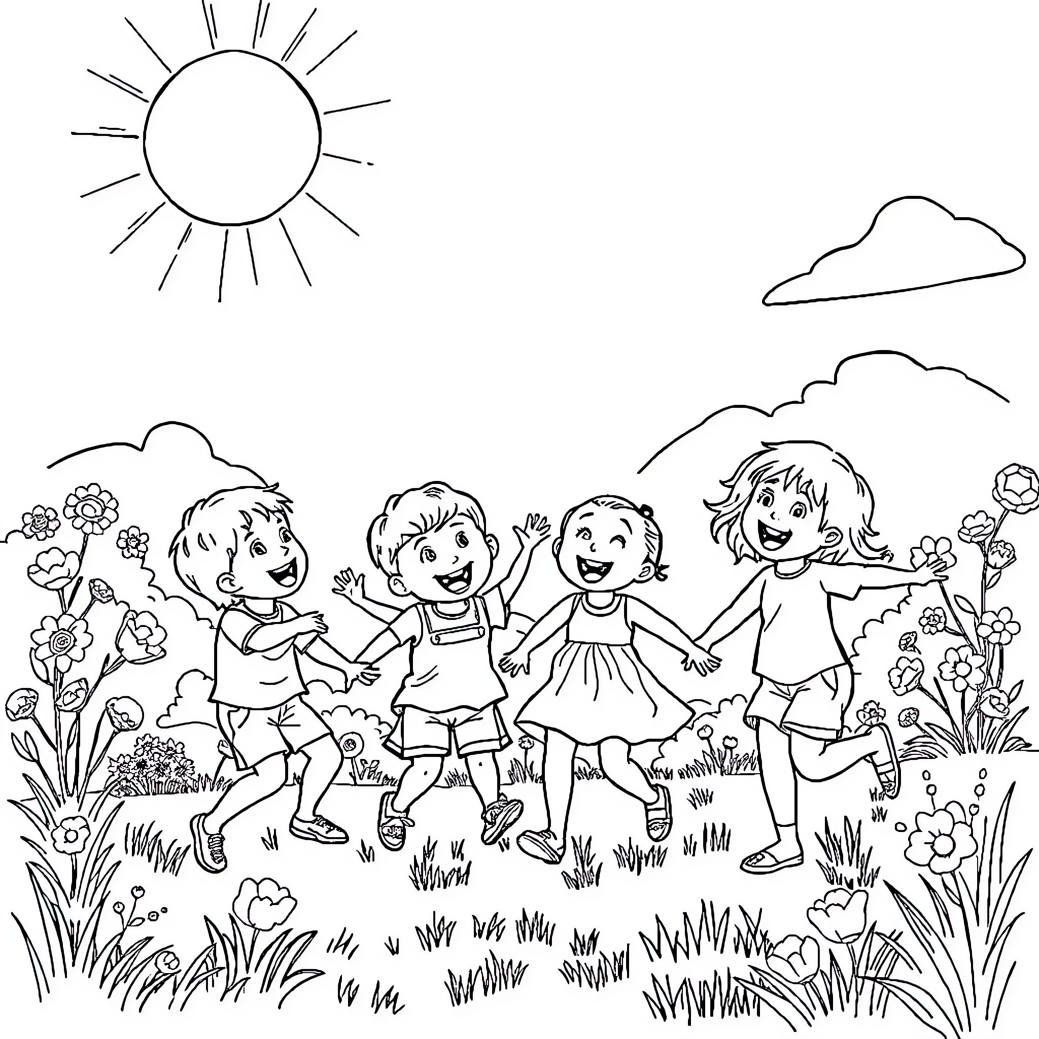 Summer fun and frolic in the meadow Coloring Page (free black-and-white line drawing printable PDF for all, from beginners to advanced learners, including children, teens, adults, and seniors)