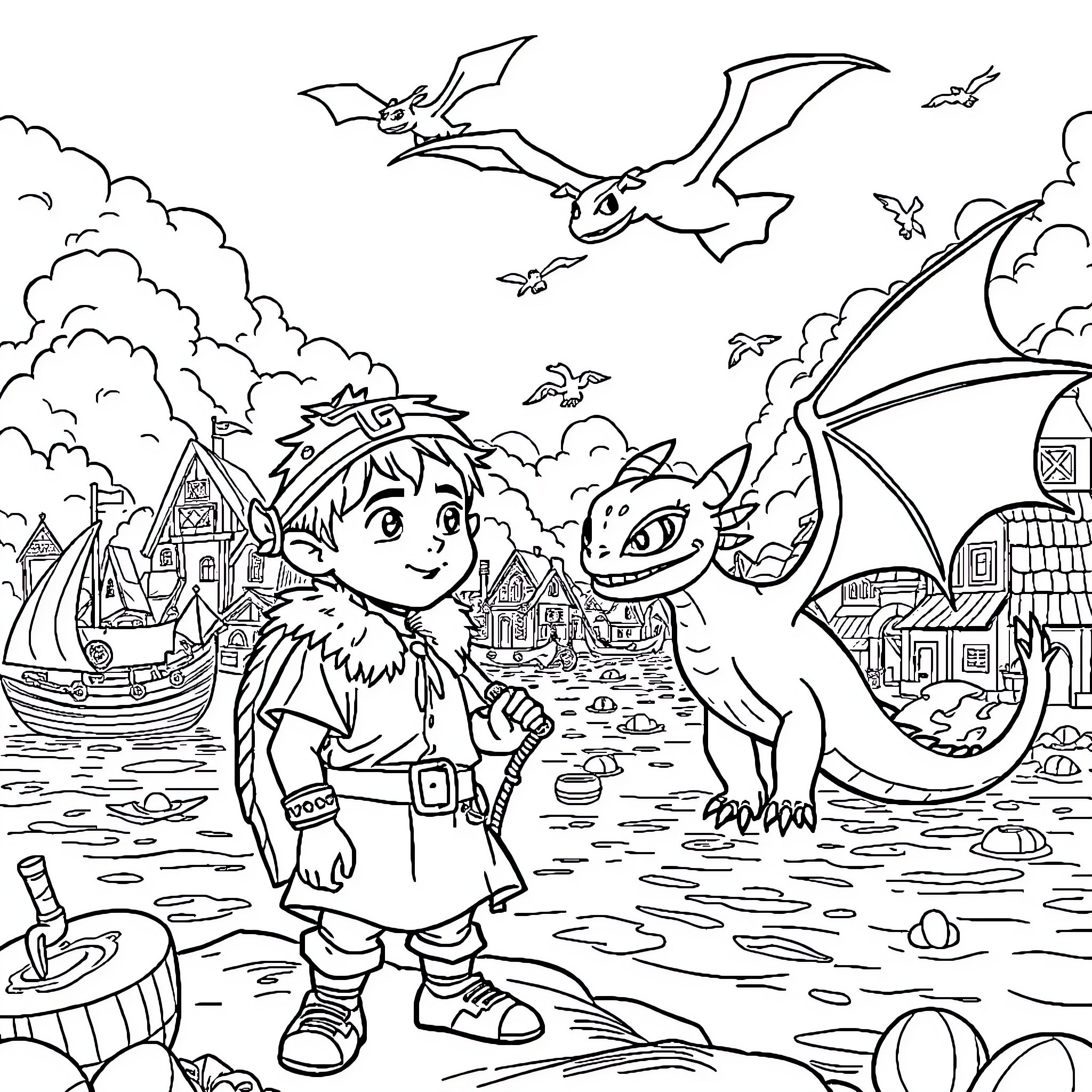 Dragon and a boy exploring the fantasy world Coloring Page (free black-and-white line drawing printable PDF for all, from beginners to advanced learners, including children, teens, adults, and seniors)