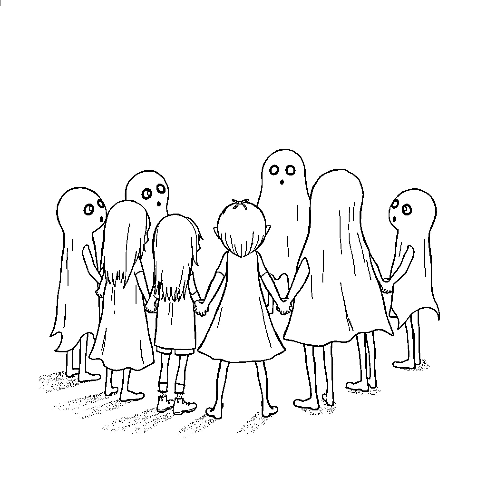 Ghost Children in Eerie Gathering Coloring Page (free black-and-white line drawing printable PDF for all, from beginners to advanced learners, including children, teens, adults, and seniors)