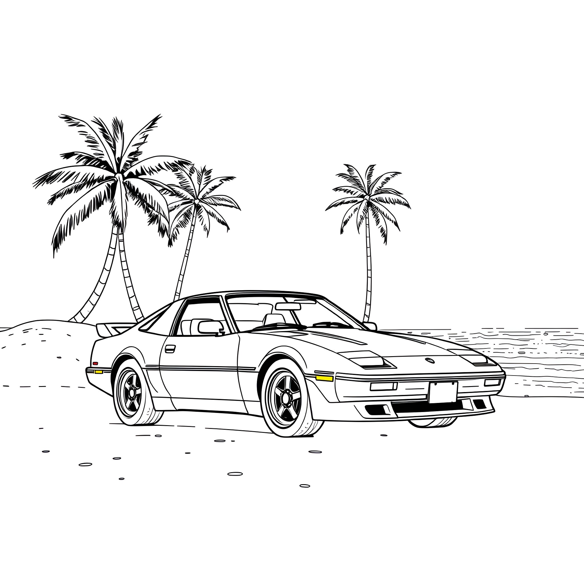 Z31 Sports Car on Tropical Beach with Palm Trees Coloring Page (free black-and-white line drawing printable PDF for all, from beginners to advanced learners, including children, teens, adults, and seniors)