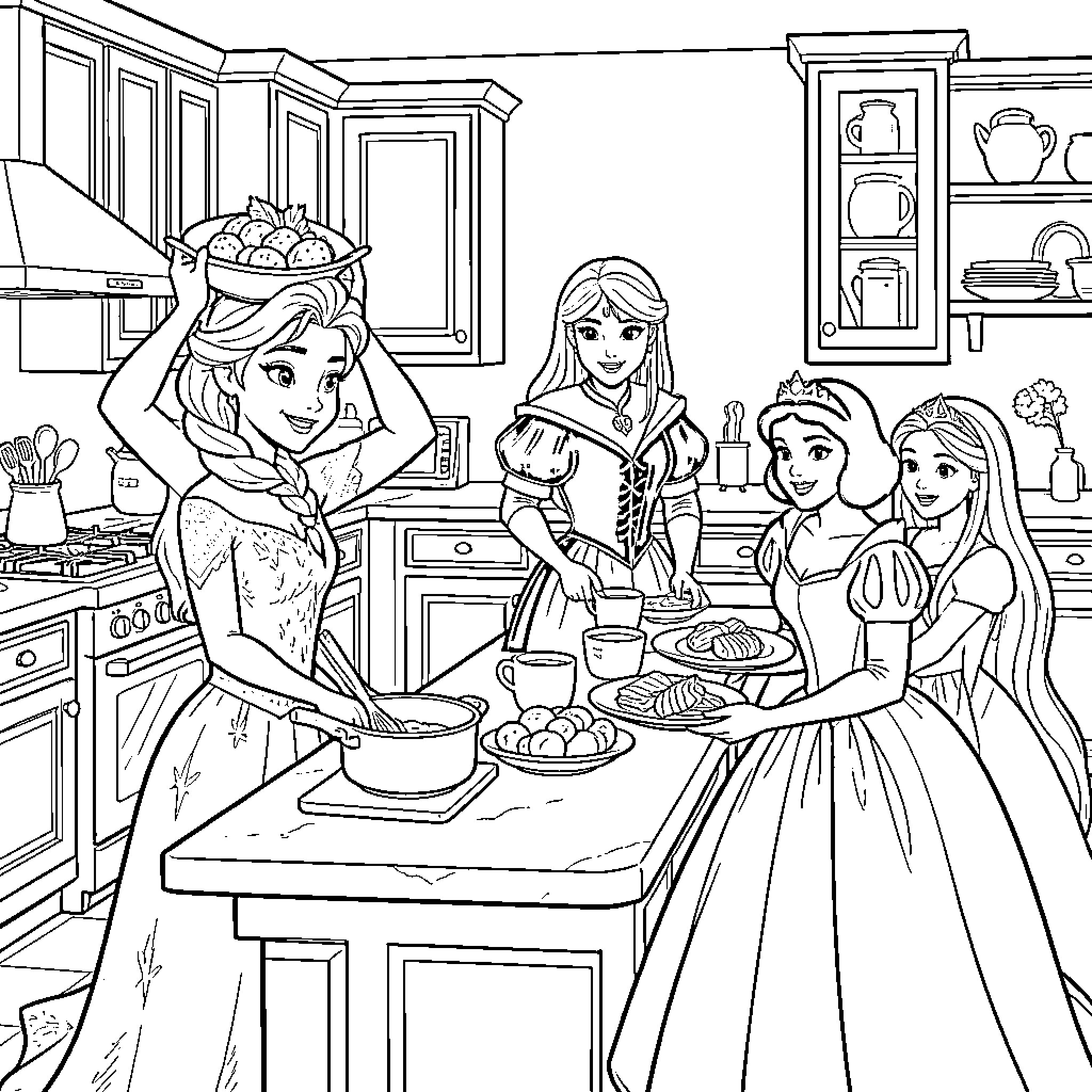 Elsa carrying a basket of fruit in the kitchen Coloring Page (free black-and-white line drawing printable PDF for all, from beginners to advanced learners, including children, teens, adults, and seniors)