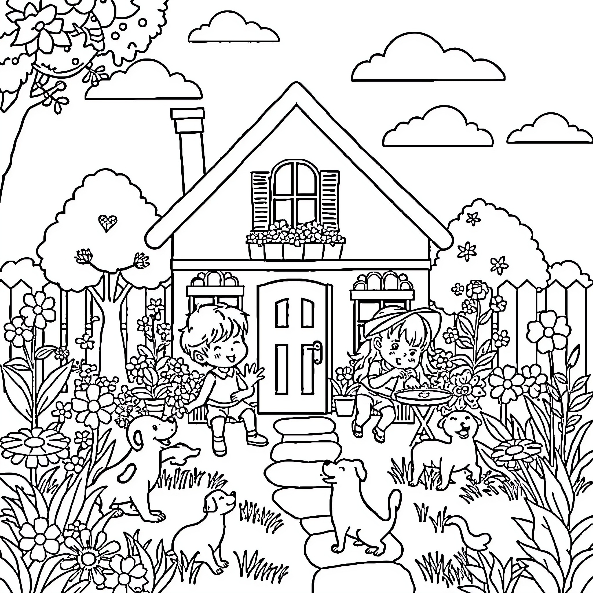 Kid playing happily with pets in the garden Coloring Page (free black-and-white line drawing printable PDF for all, from beginners to advanced learners, including children, teens, adults, and seniors)