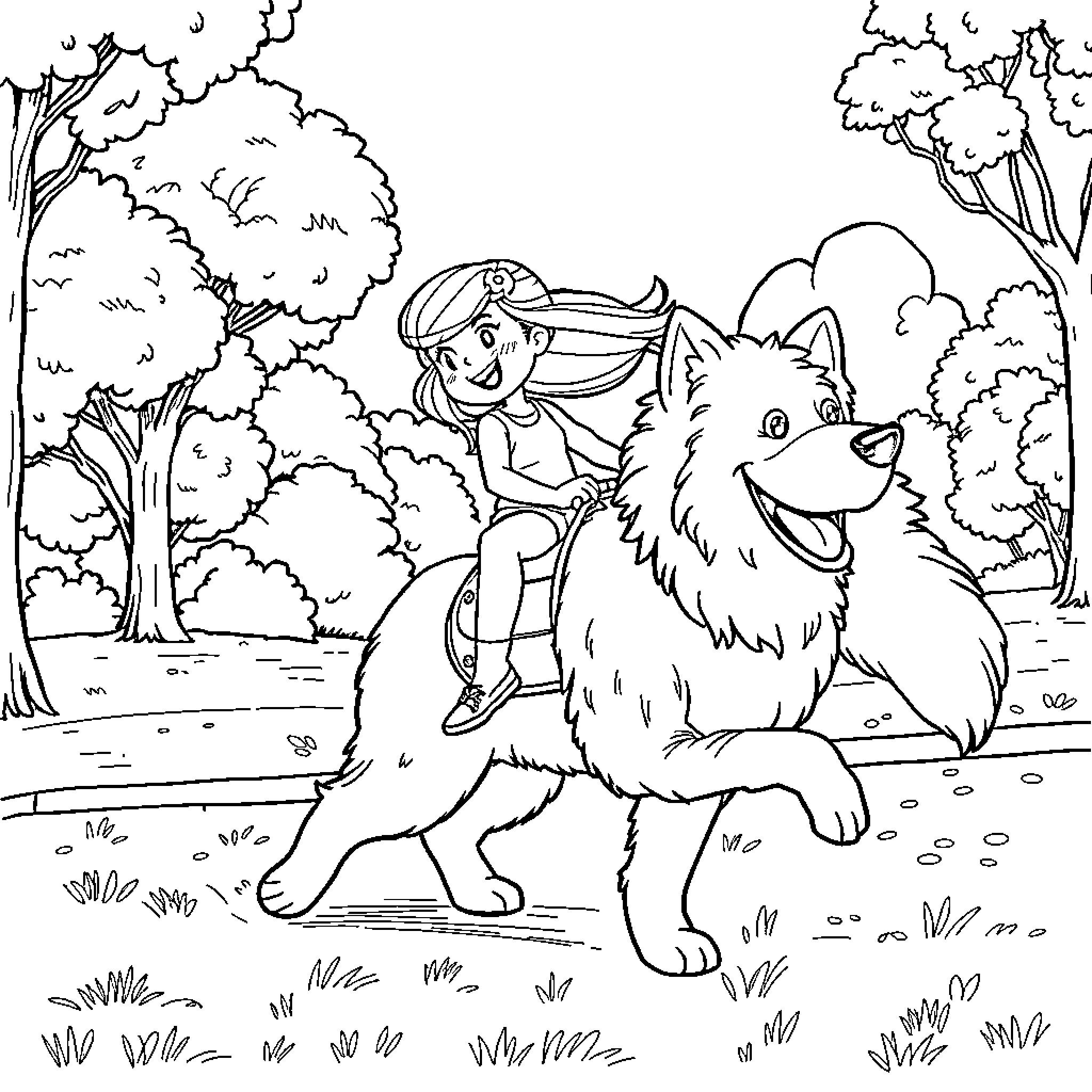 Skirl of a Girl and Her Furry Companion Coloring Page (free black-and-white line drawing printable PDF for all, from beginners to advanced learners, including children, teens, adults, and seniors)