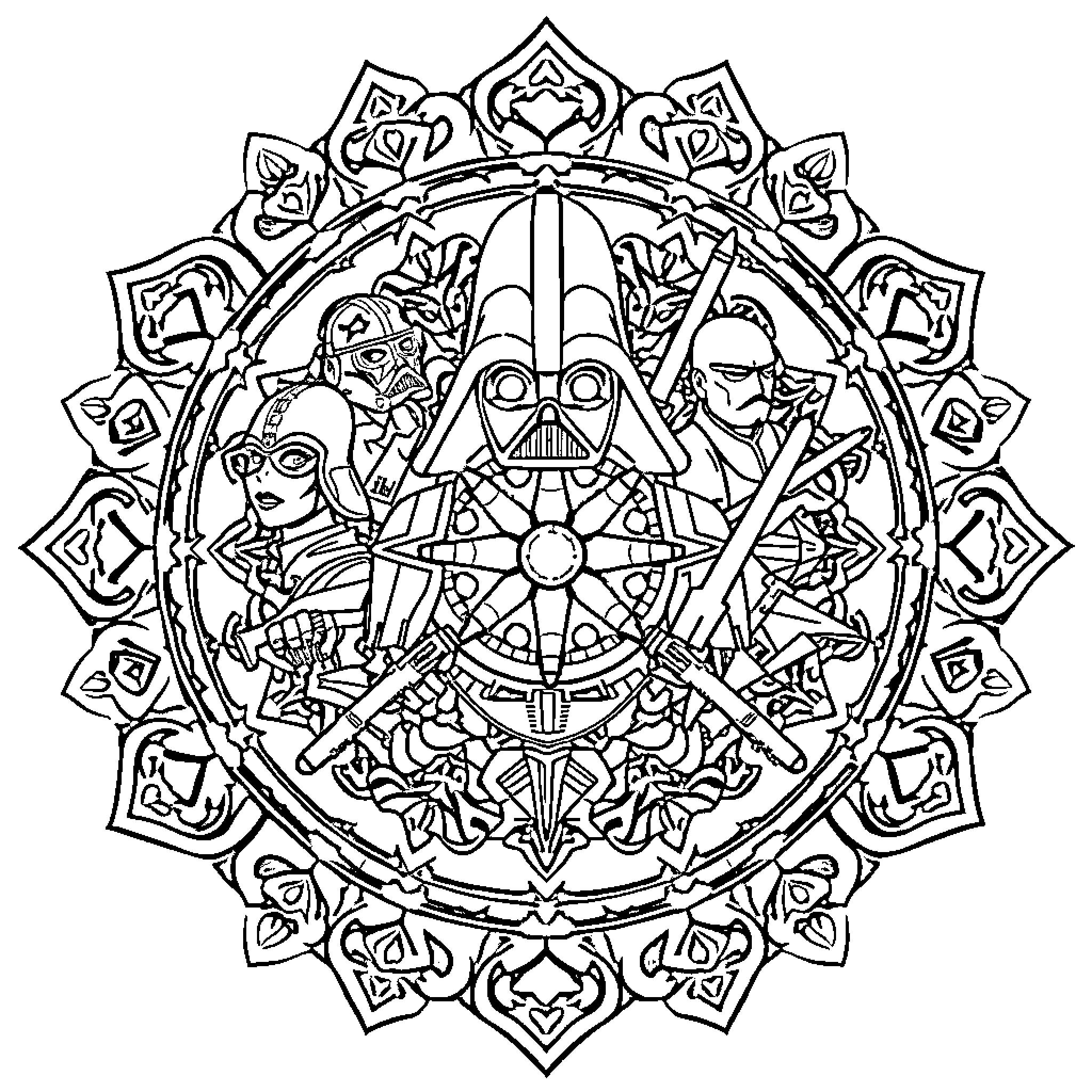 Mandala of Star Wars Characters and Symbols Coloring Page (free black-and-white line drawing printable PDF for all, from beginners to advanced learners, including children, teens, adults, and seniors)