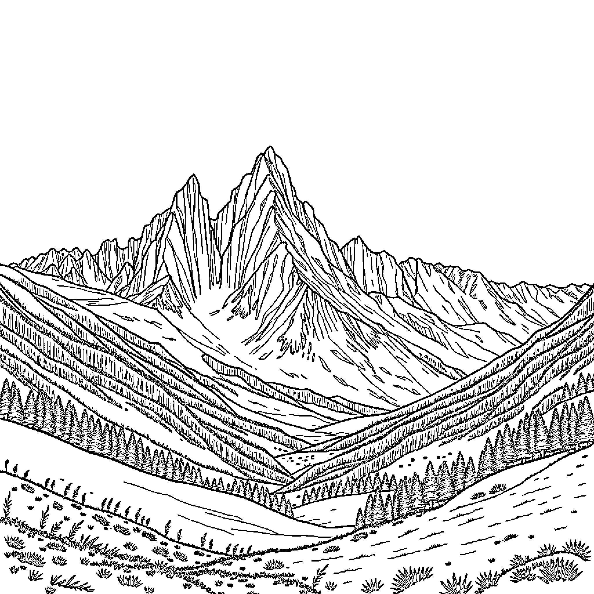 Mountain landscape with rugged peaks and wilderness Coloring Page (free black-and-white line drawing printable PDF for all, from beginners to advanced learners, including children, teens, adults, and seniors)