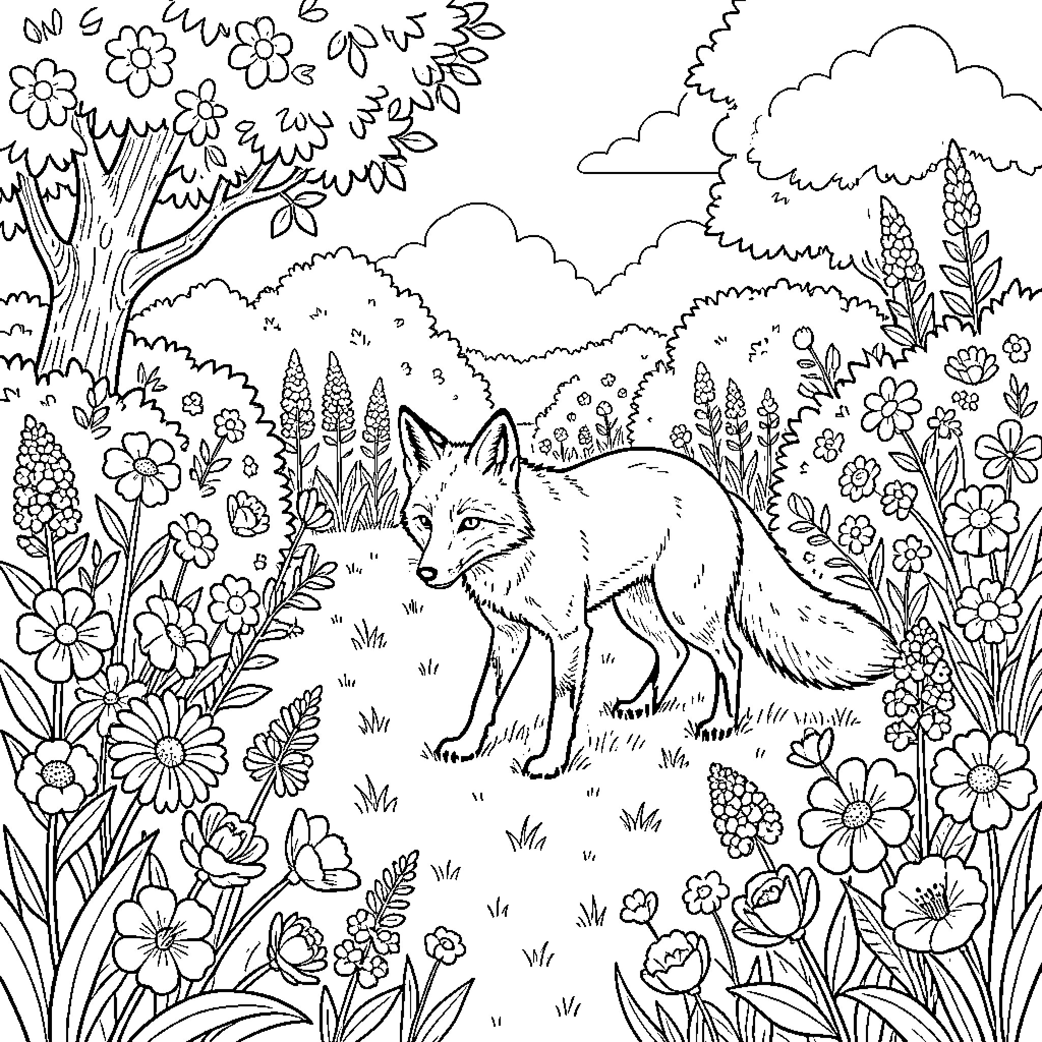 Fox exploring a magical floral landscape Coloring Page (free black-and-white line drawing printable PDF for all, from beginners to advanced learners, including children, teens, adults, and seniors)