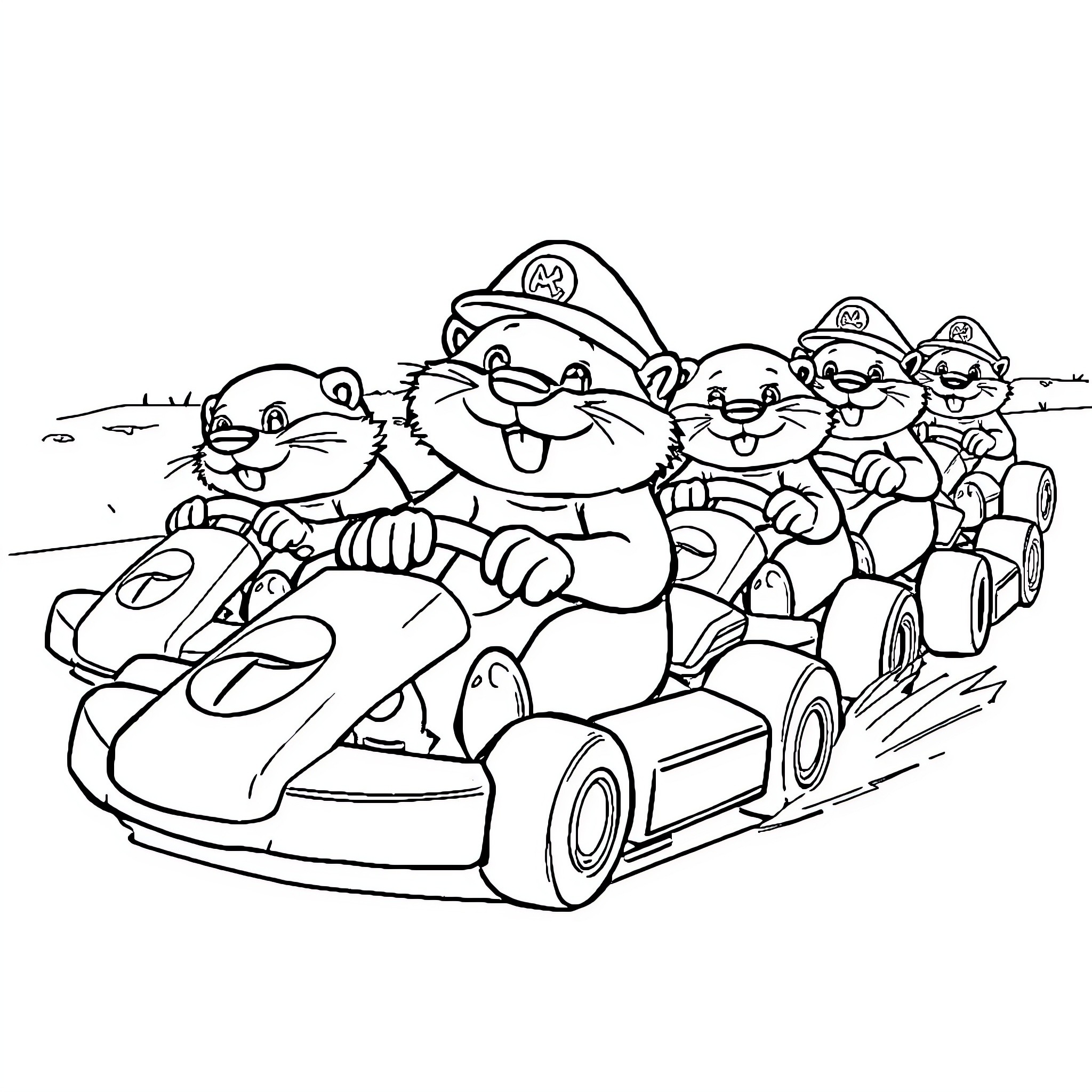 Otter family enjoying a race in go-karts Coloring Page (free black-and-white line drawing printable PDF for all, from beginners to advanced learners, including children, teens, adults, and seniors)