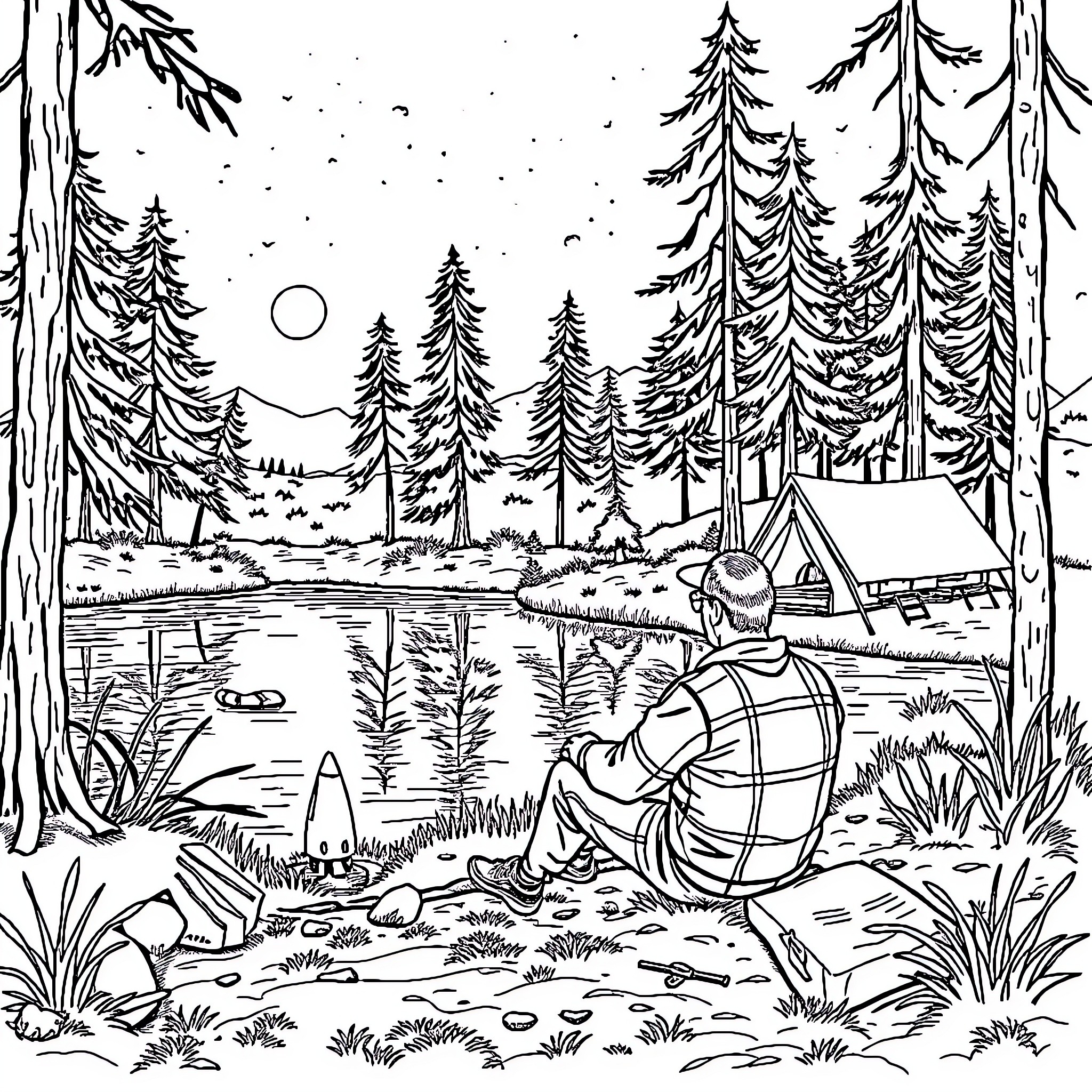 Dad camping outdoors in serene forest landscape Coloring Page (free black-and-white line drawing printable PDF for all, from beginners to advanced learners, including children, teens, adults, and seniors)