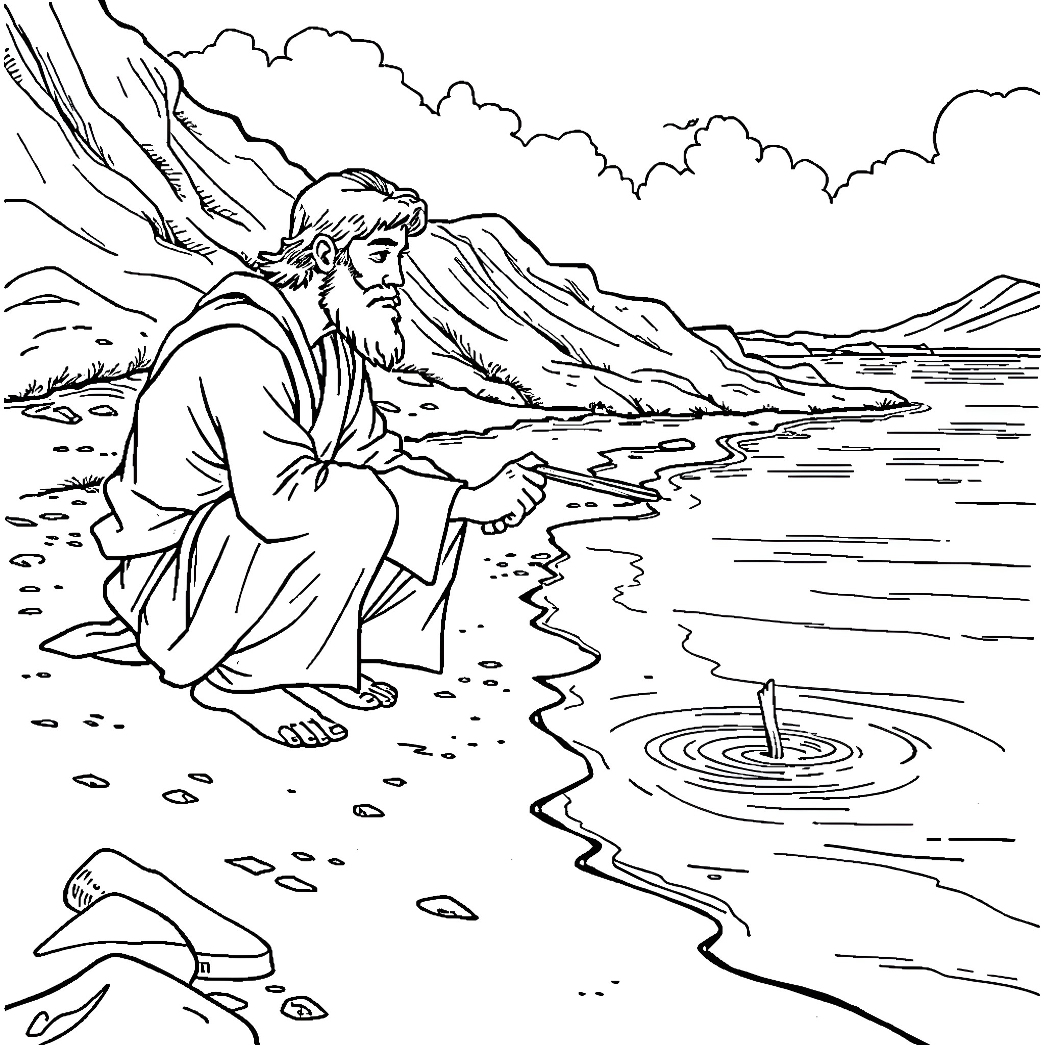 Moses in contemplation by the river Coloring Page (free black-and-white line drawing printable PDF for all, from beginners to advanced learners, including children, teens, adults, and seniors)