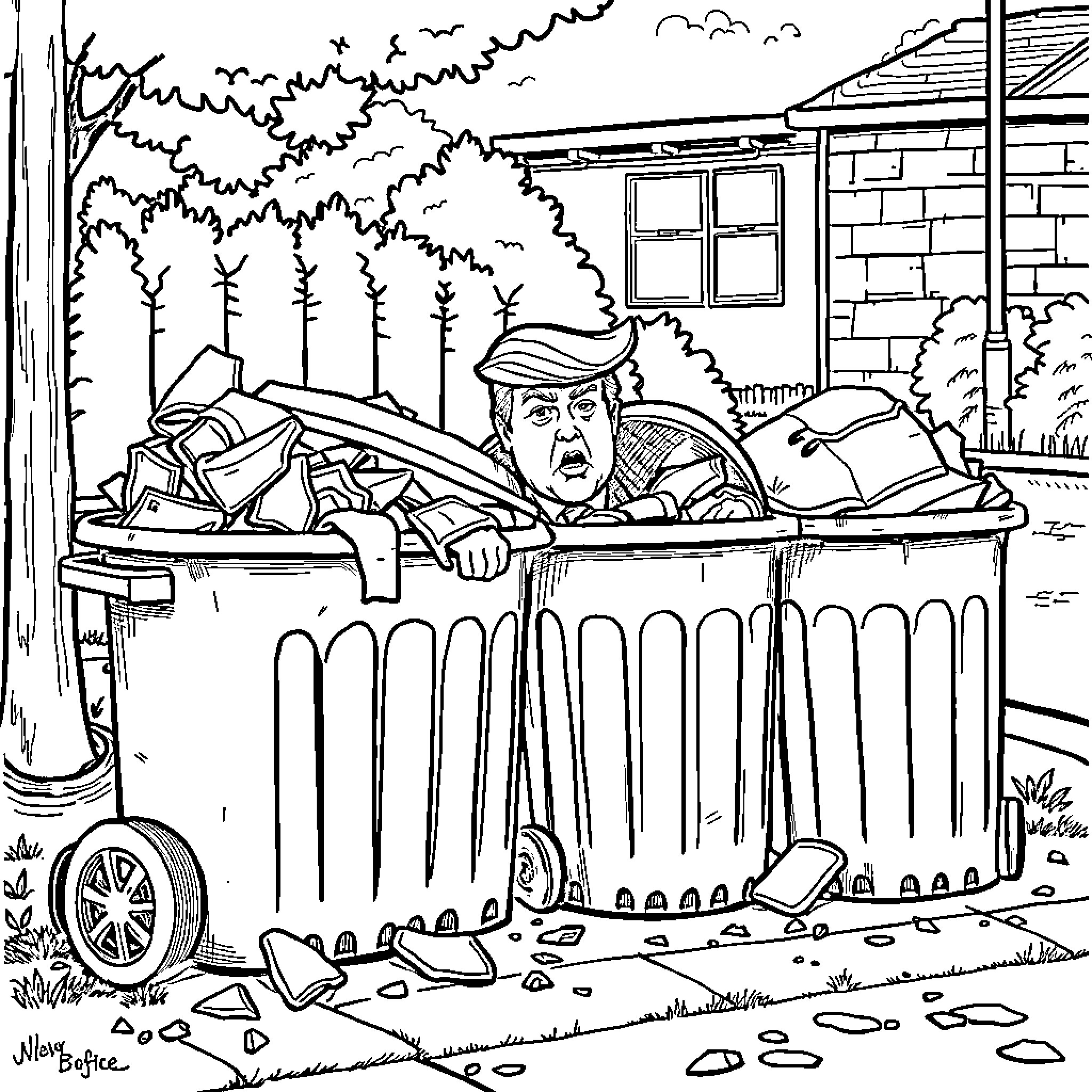 Trash Can Filled with Discarded Items Near a Building Coloring Page (free black-and-white line drawing printable PDF for all, from beginners to advanced learners, including children, teens, adults, and seniors)